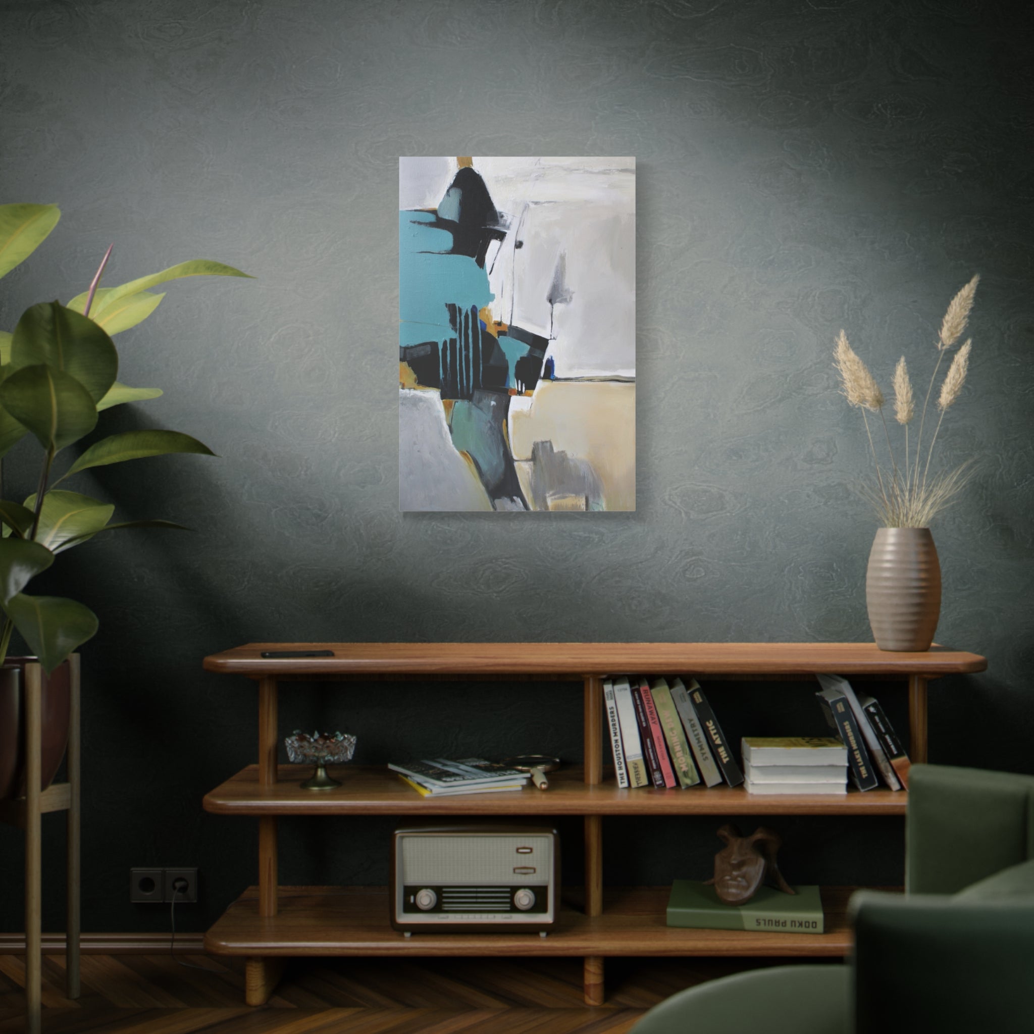 Abstract Teal & Gray Matte Canvas Print — Modern Stretched Wall Art 