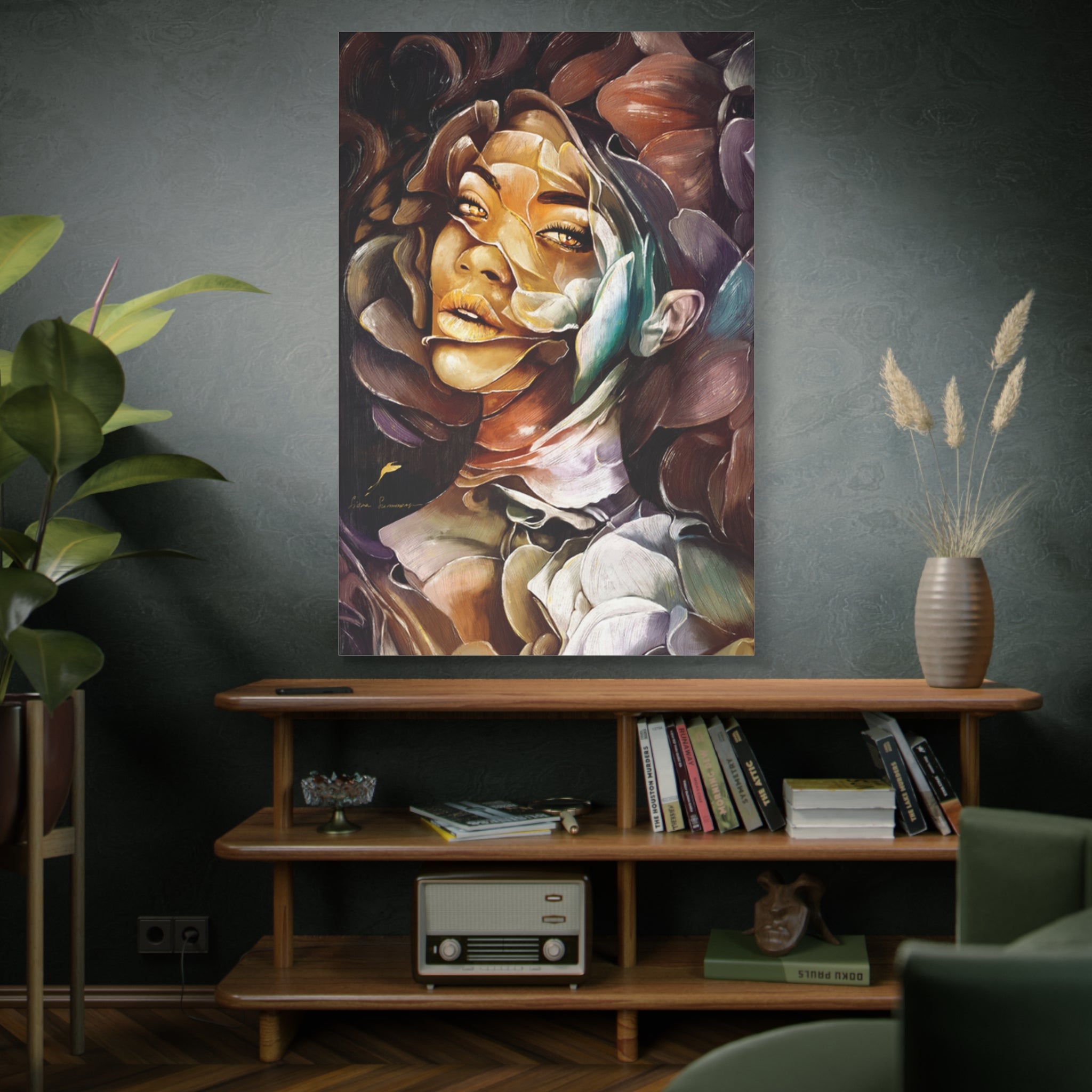 Abstract Floral Portrait Canvas Print — Contemporary Woman Face Art 