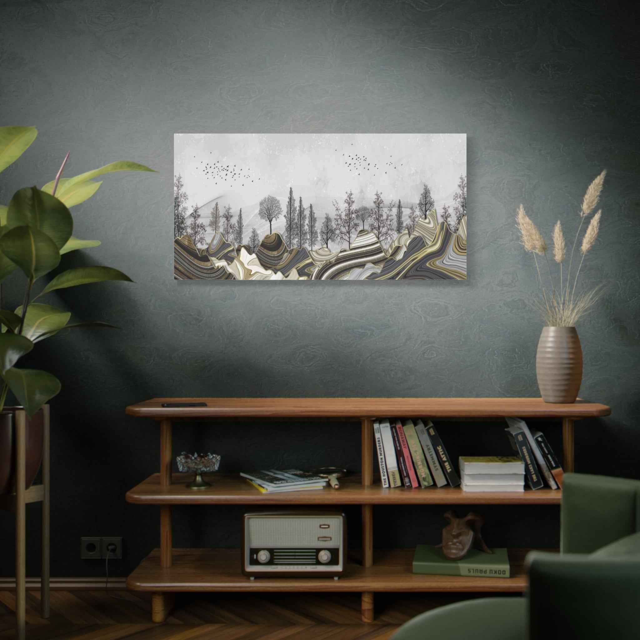 Abstract Gold Landscape Wall Art Canvas – Modern Mountain & Forest Luxury Artwork
