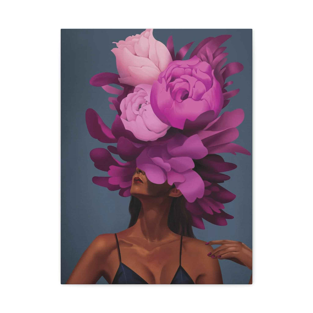 Floral Portrait Canvas Print — Woman with Oversized Pink Peony Hat (Matte Stretched) - TheKaraHan