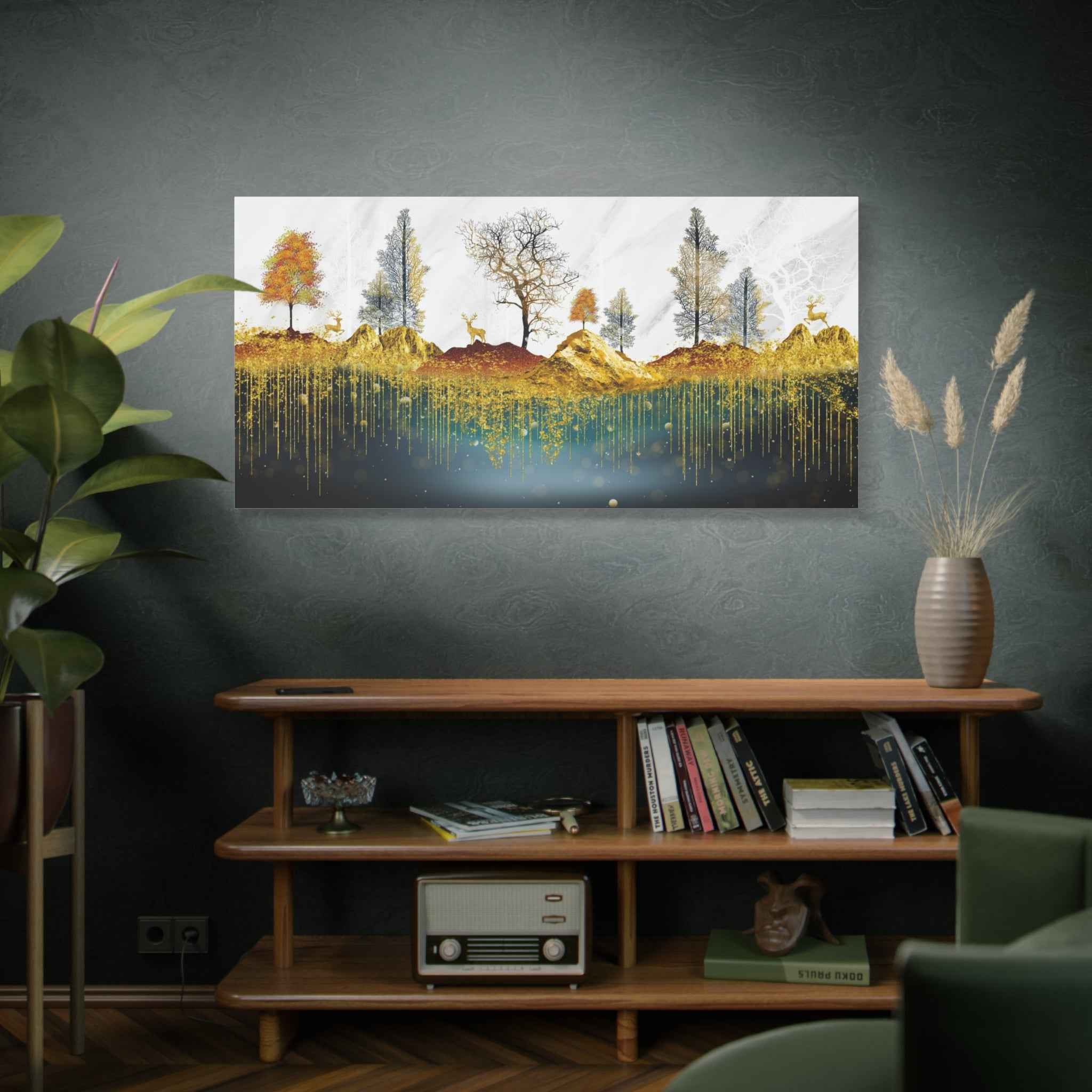 Golden Forest Landscape Deer Canvas Wall Art – Luxury Nature Decor