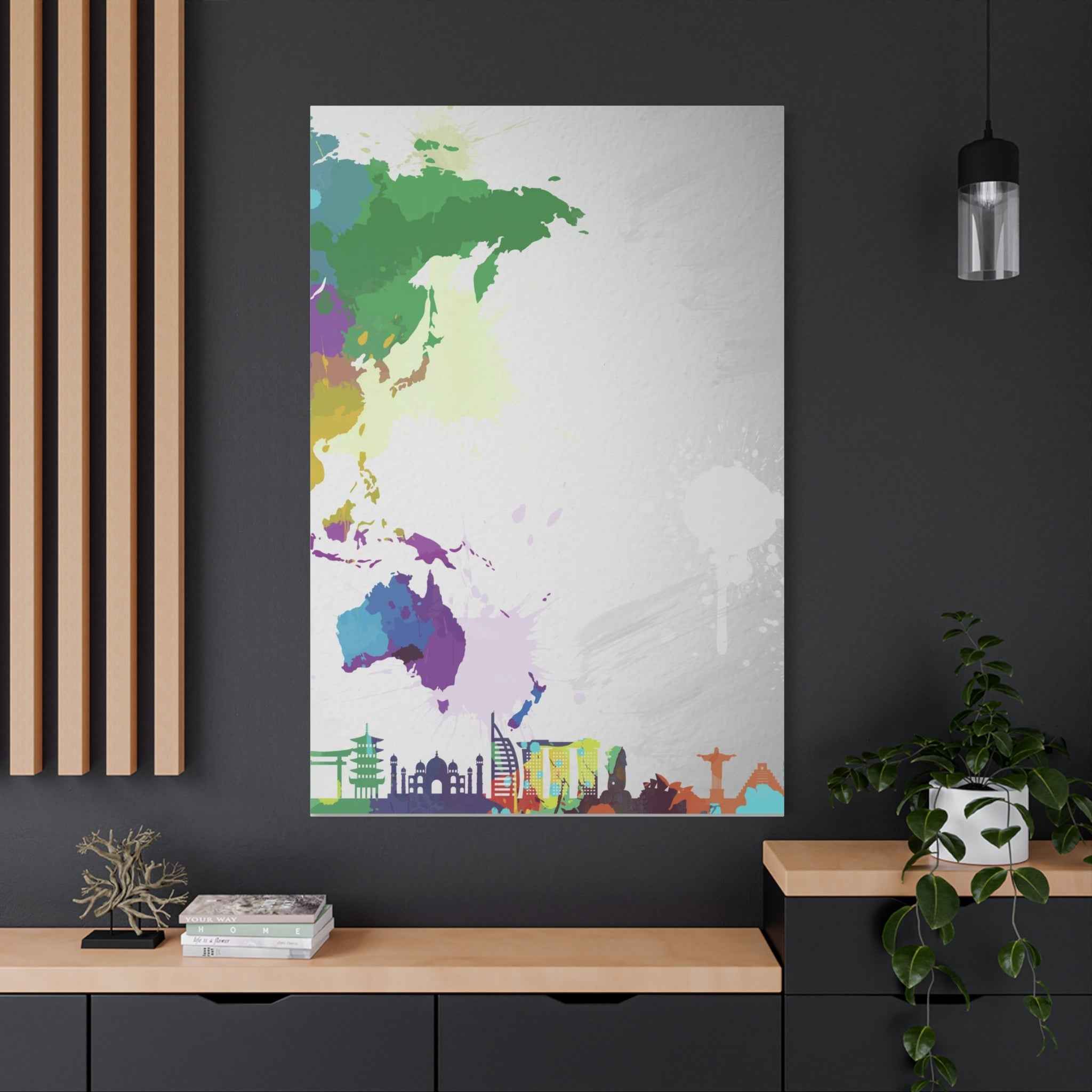 World Map Silhouette Wall Art – Vibrant Travel Skyline Canvas Decoration - TheKaraHan