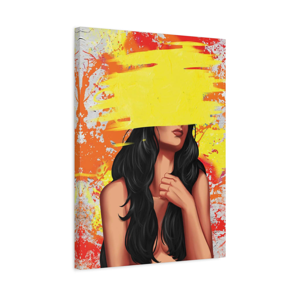 Abstract Femme Nude Canvas Art – Yellow Paint Stroke Portrait 
