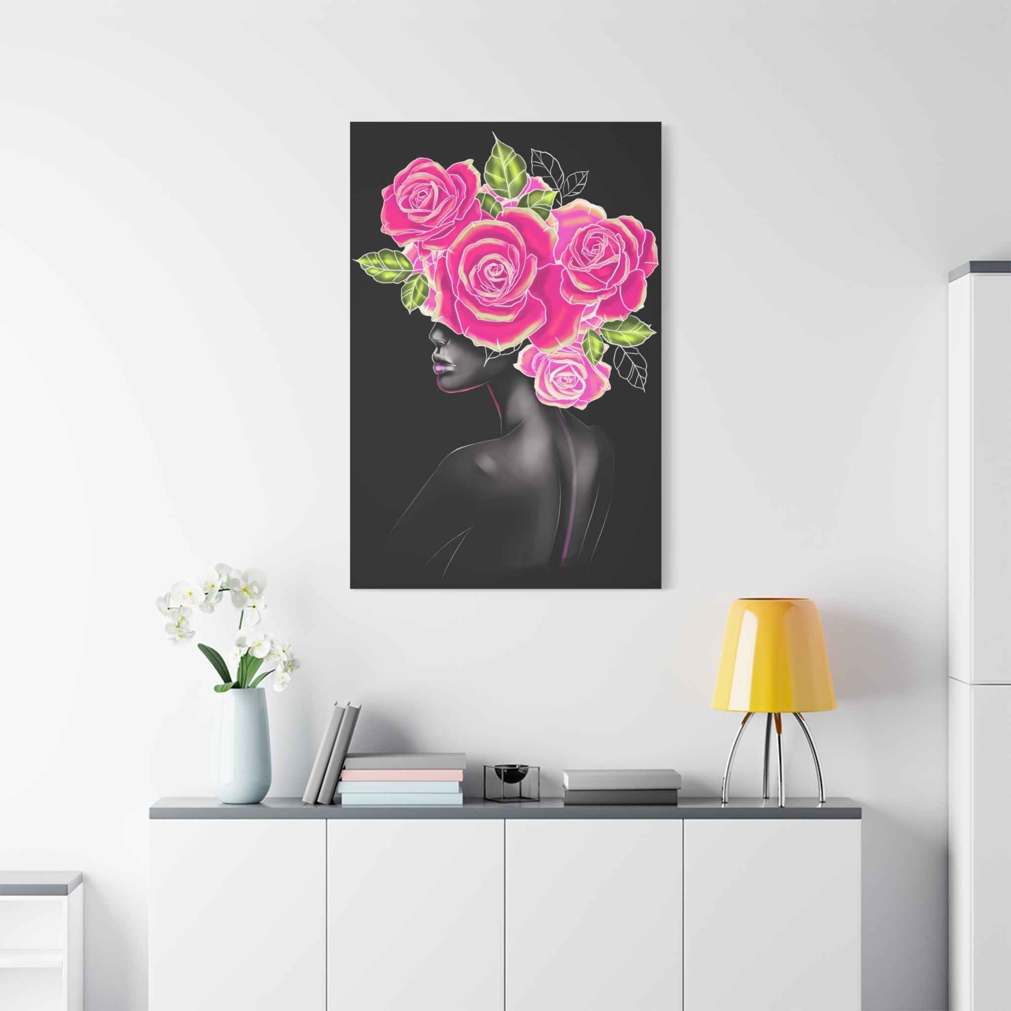 Pink Floral Woman Canvas Wall Art – Abstract Female Portrait