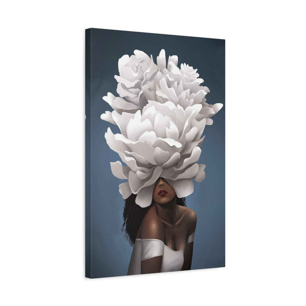 Floral Veil Canvas Wall Art — Elegant Woman with Oversized White Peony - TheKaraHan
