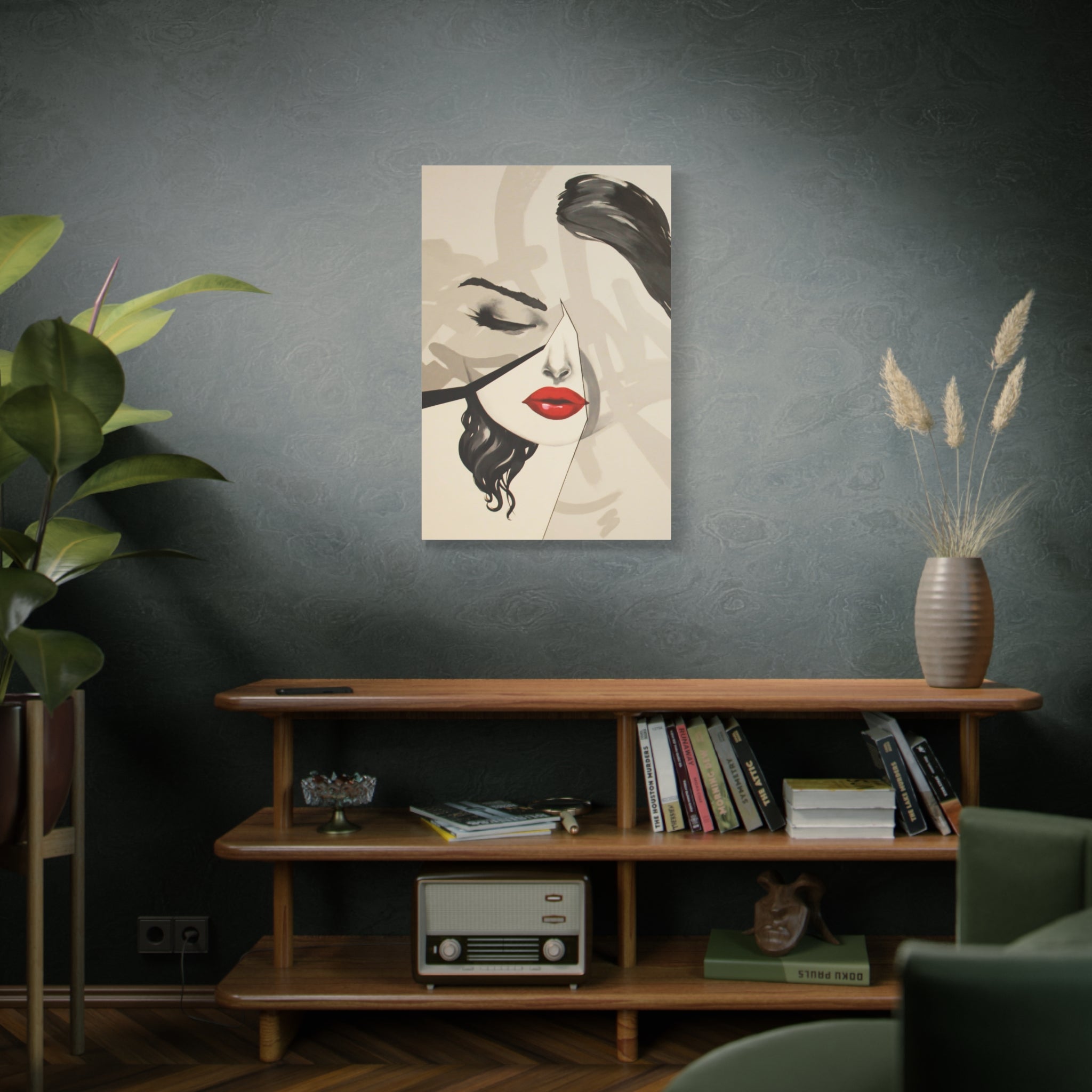 Abstract Red Lips Portrait Canvas Art - Matte Stretched Wall Decor 