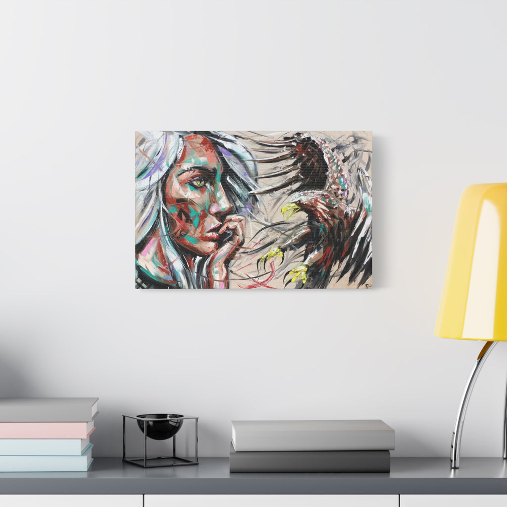 Abstract Woman & Eagle Matte Stretched Canvas Art — Contemporary Tribal Portrait Wall Decor 