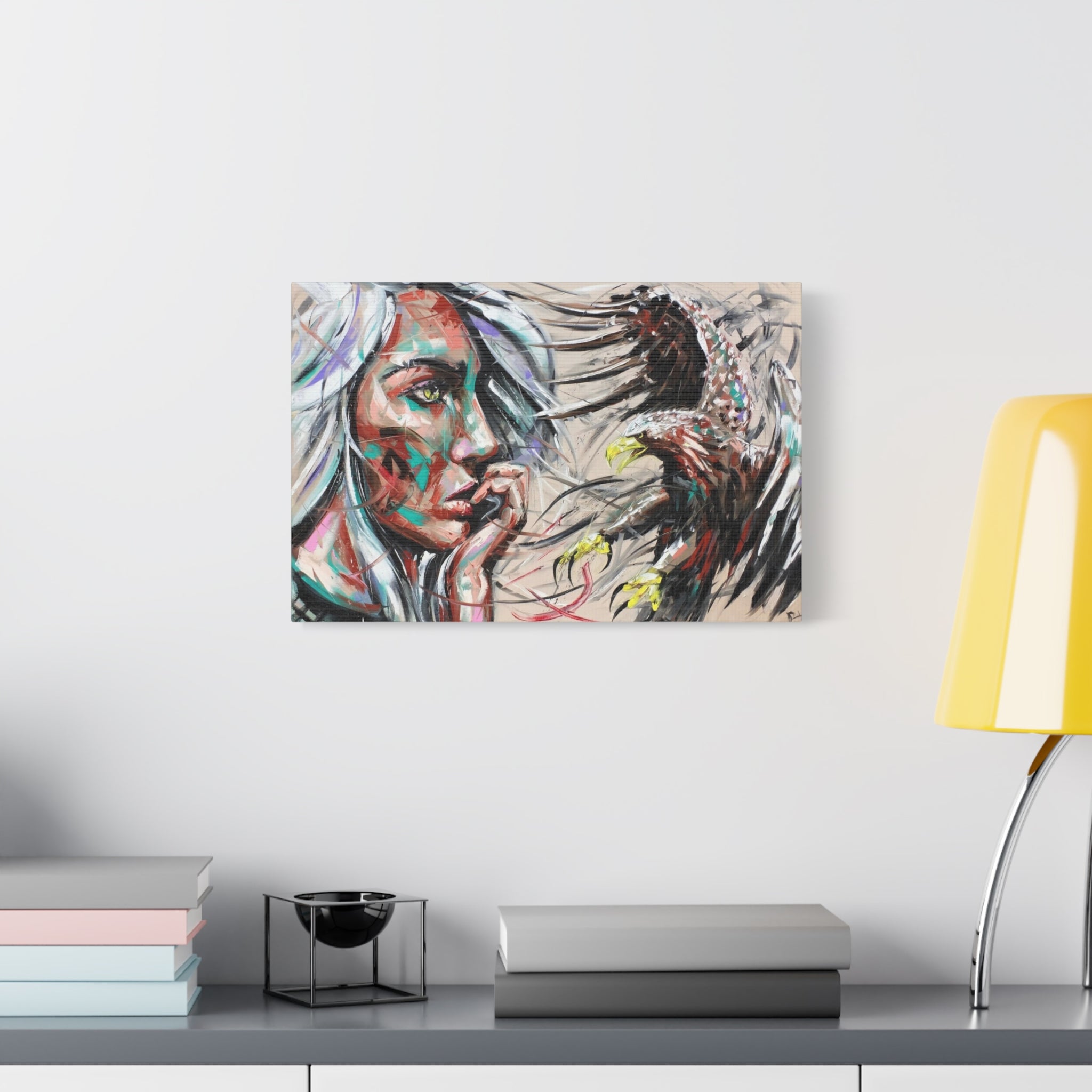 Abstract Woman & Eagle Matte Stretched Canvas Art — Contemporary Tribal Portrait Wall Decor 