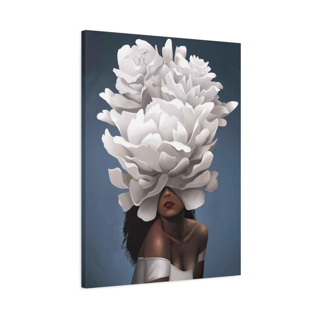 Floral Veil Canvas Wall Art — Elegant Woman with Oversized White Peony - TheKaraHan
