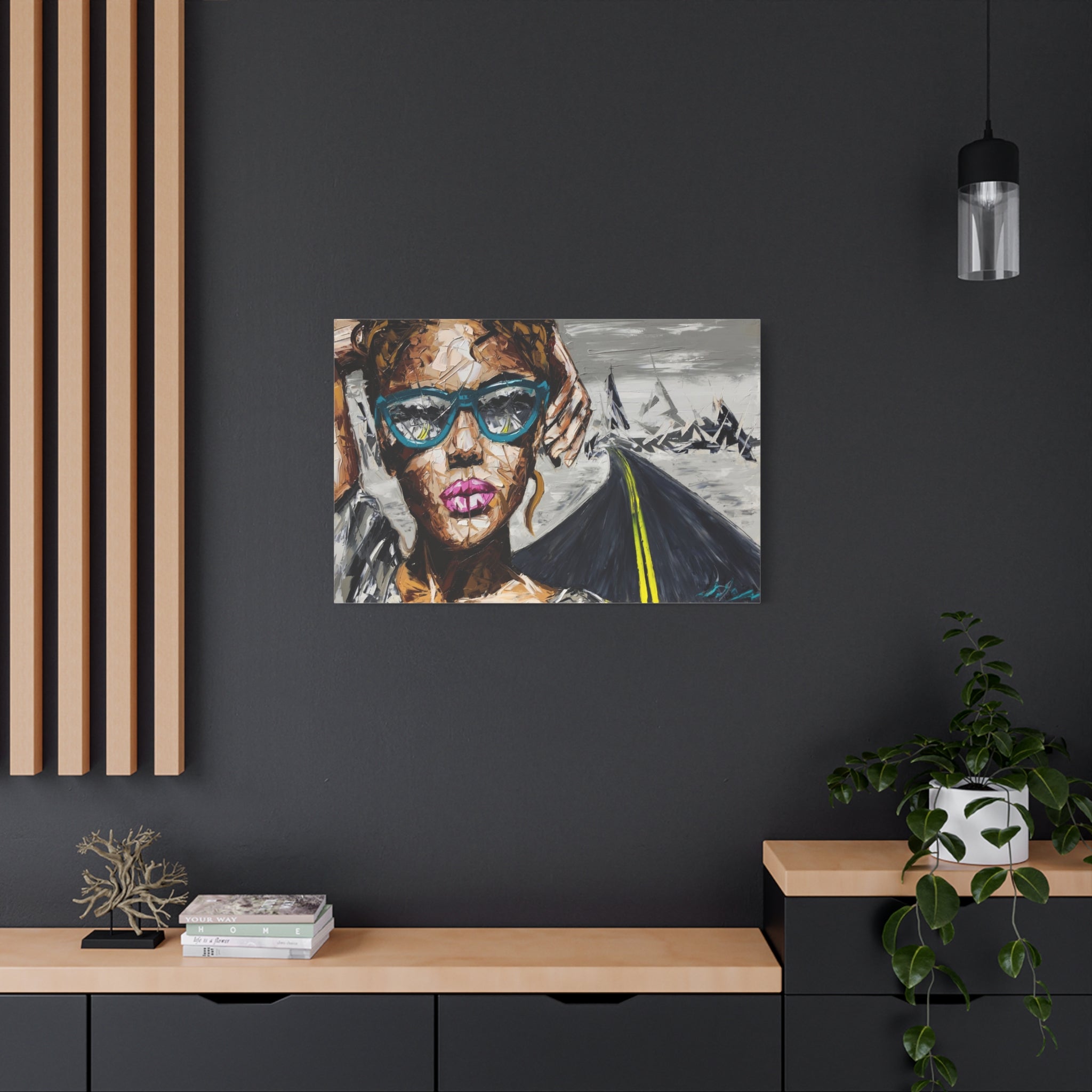 Modern Pop Portrait Canvas Wall Art — Woman with Sunglasses & Road 