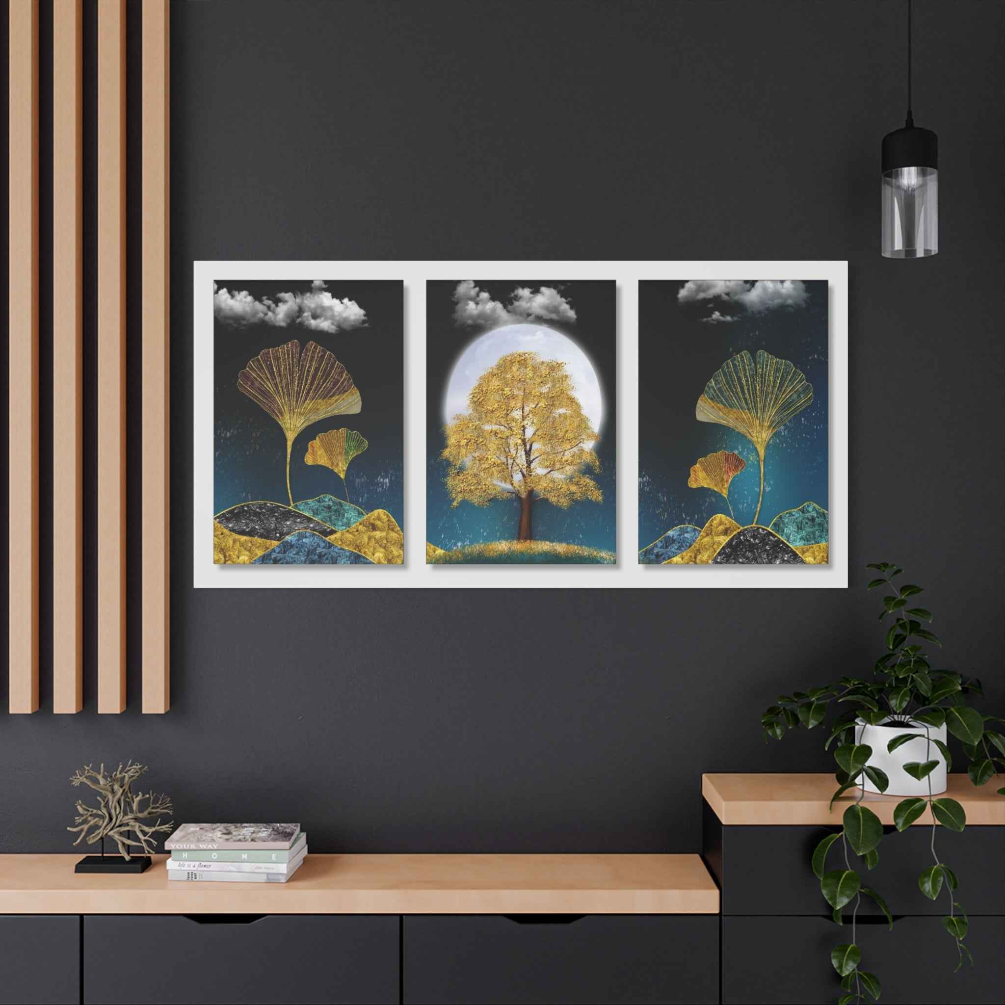 Golden Ginkgo Leaf Triptych Canvas Wall Art – Botanical Wall Decor