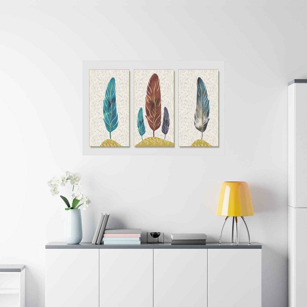 Boho Feather Triptych Canvas Wall Art – Bohemian Feather Wall Decor
