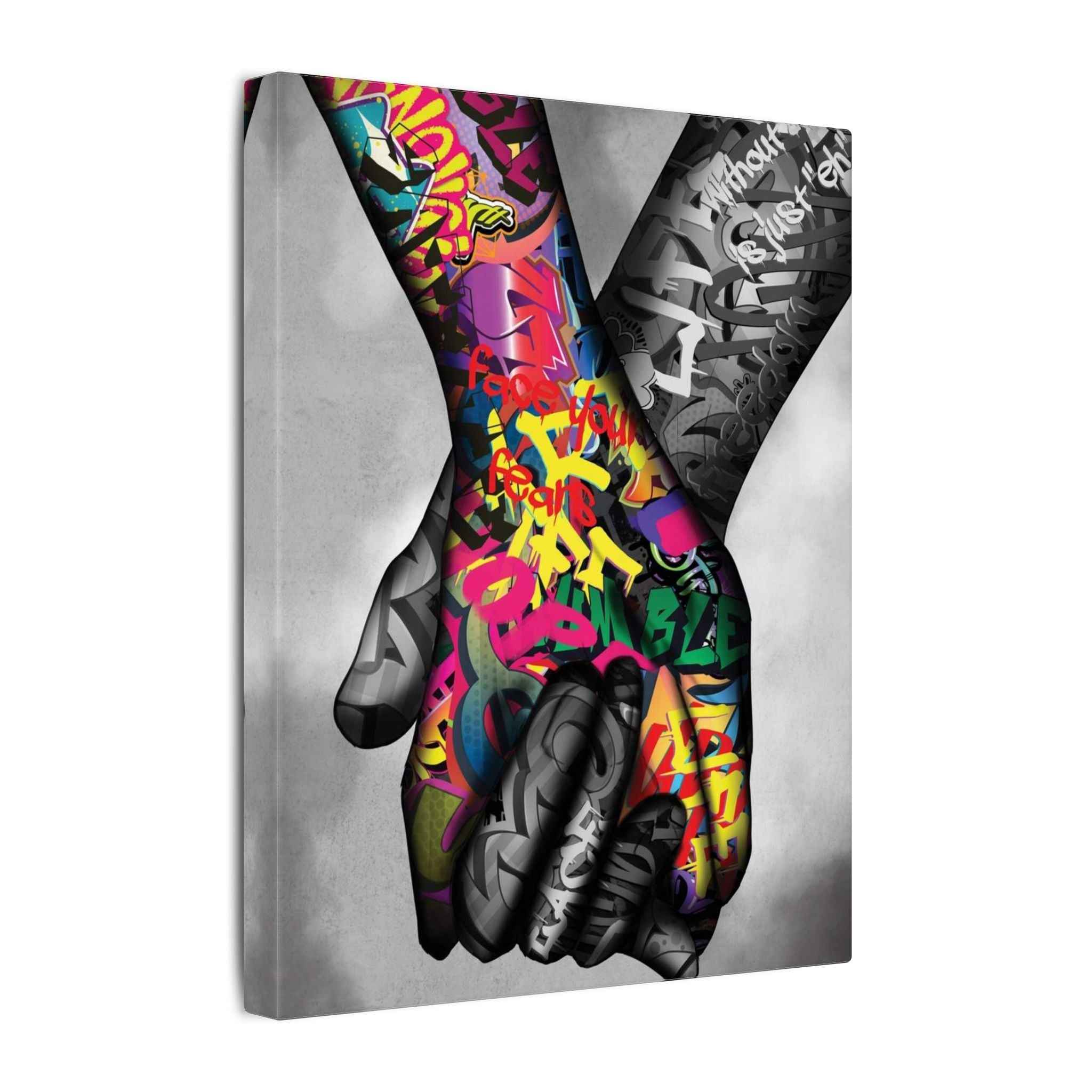 Graffiti Hands Canvas Art - Vibrant Colorful Holding Hands Wall Print - TheKaraHan