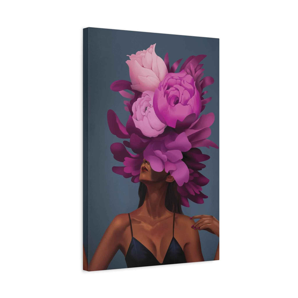 Floral Portrait Canvas Print — Woman with Oversized Pink Peony Hat (Matte Stretched) - TheKaraHan
