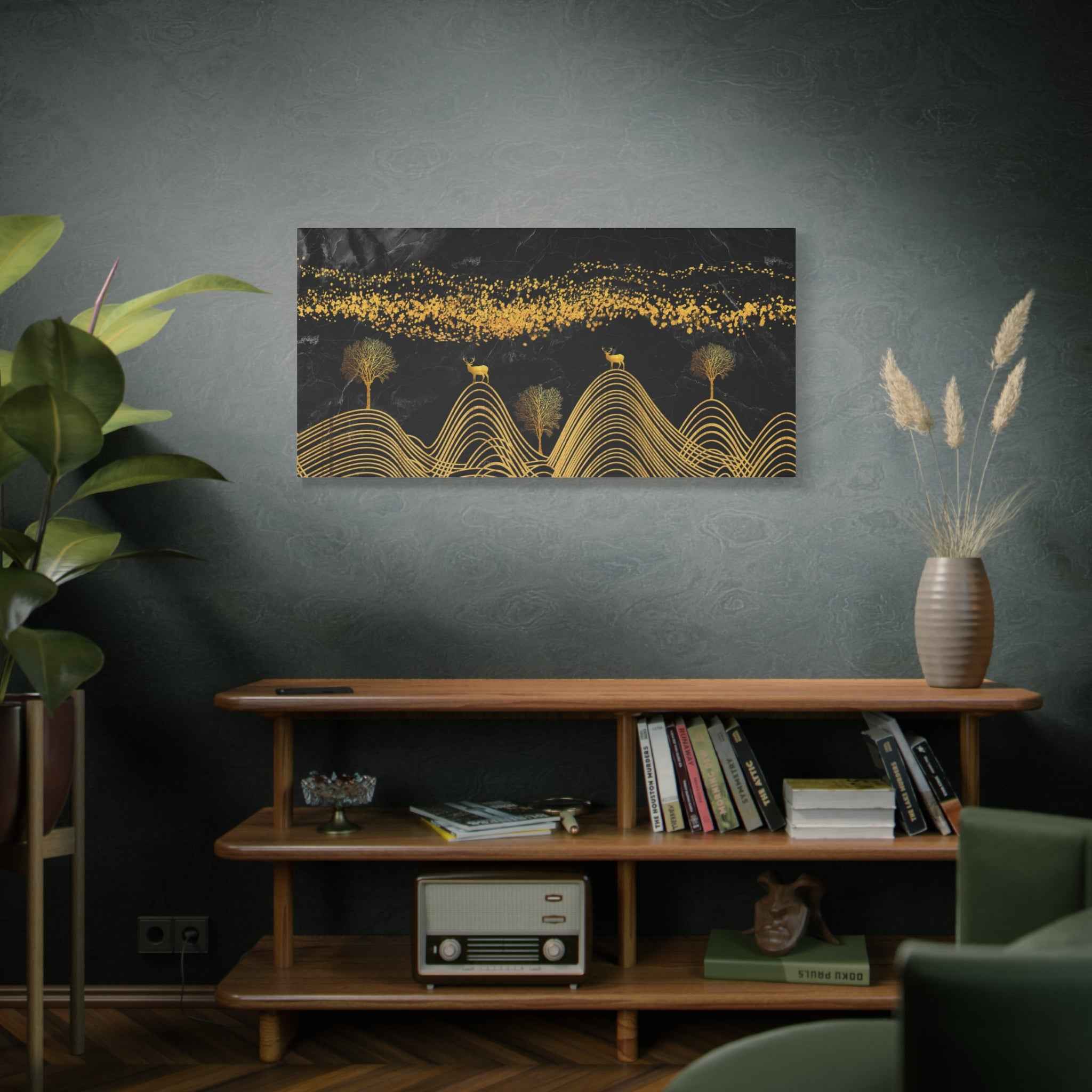Black & Gold Abstract Canvas Wall Art – Luxury Modern Landscape Painting for Living Room Decor