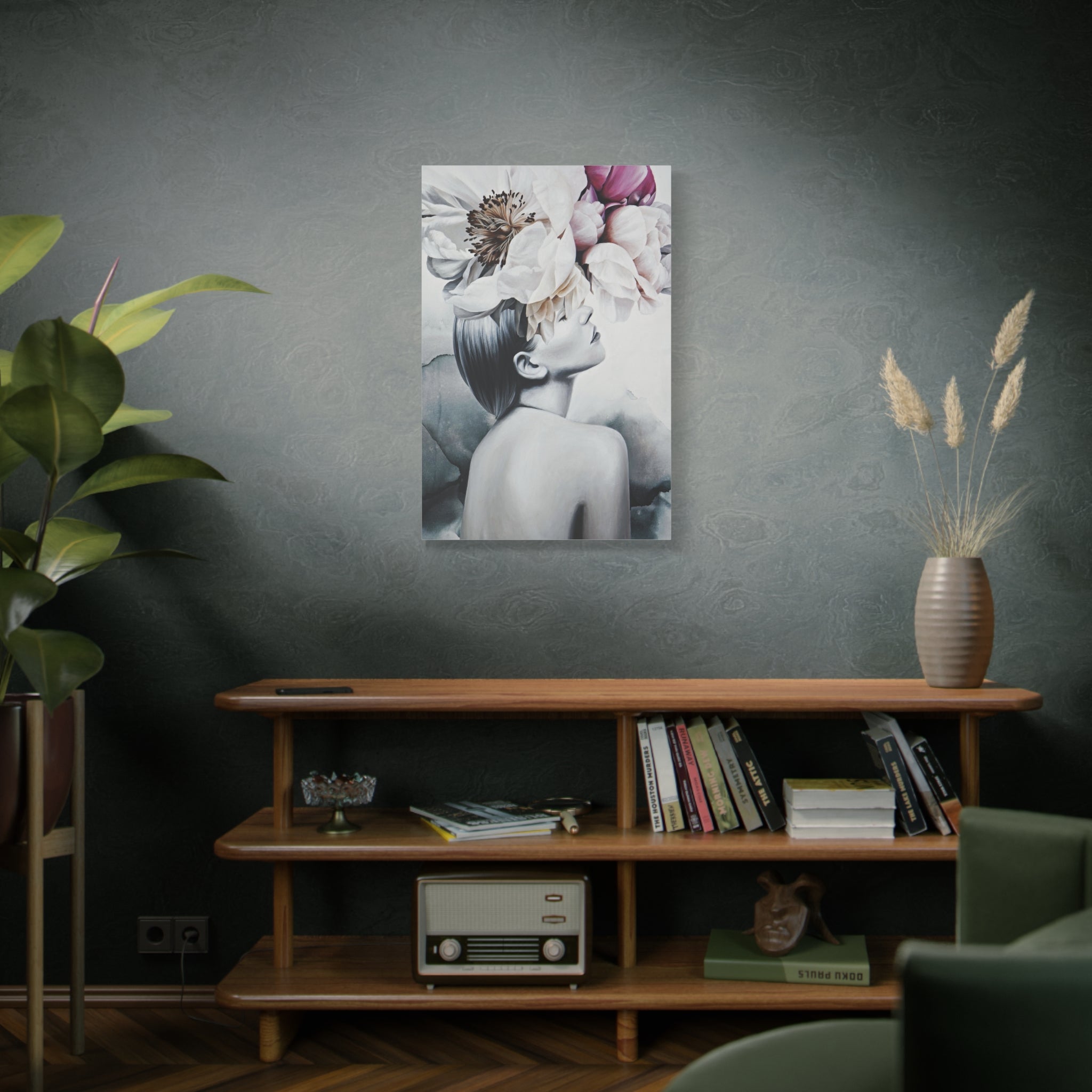 Floral Dreamscape Matte Canvas Print — Elegant Woman with Peonies Wall Art 