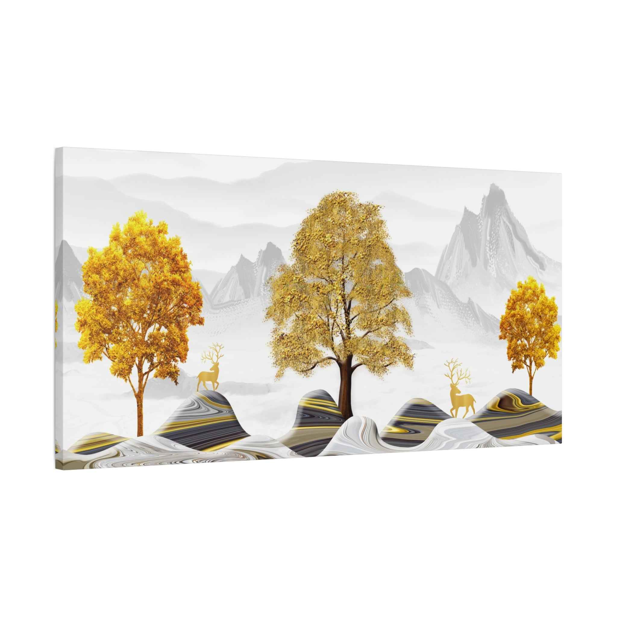 Golden Tree Landscape Canvas Wall Art – Minimalist Mountain Nature Print
