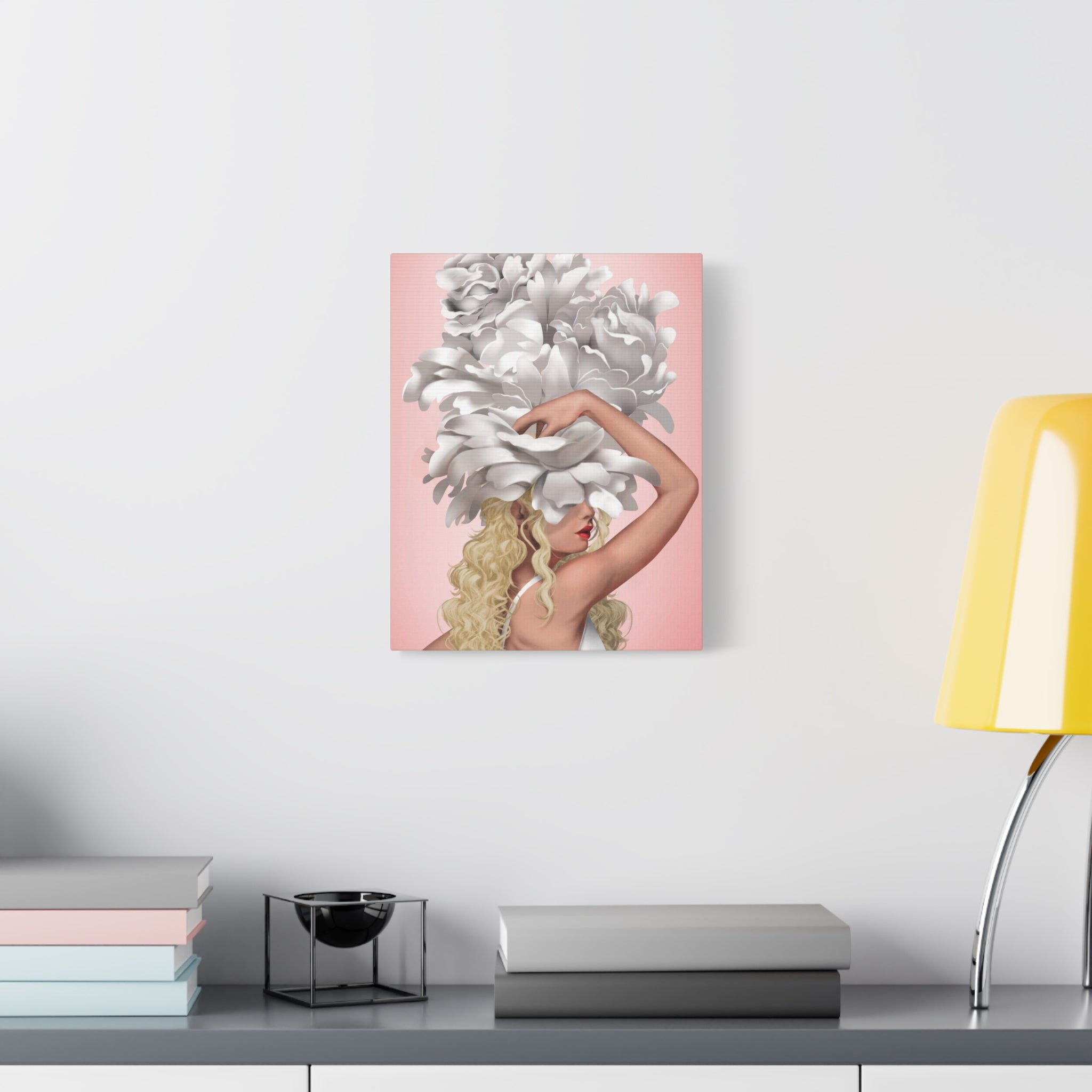Blushing Muse Floral Canvas Print — Woman with Oversized White Peony Hat 