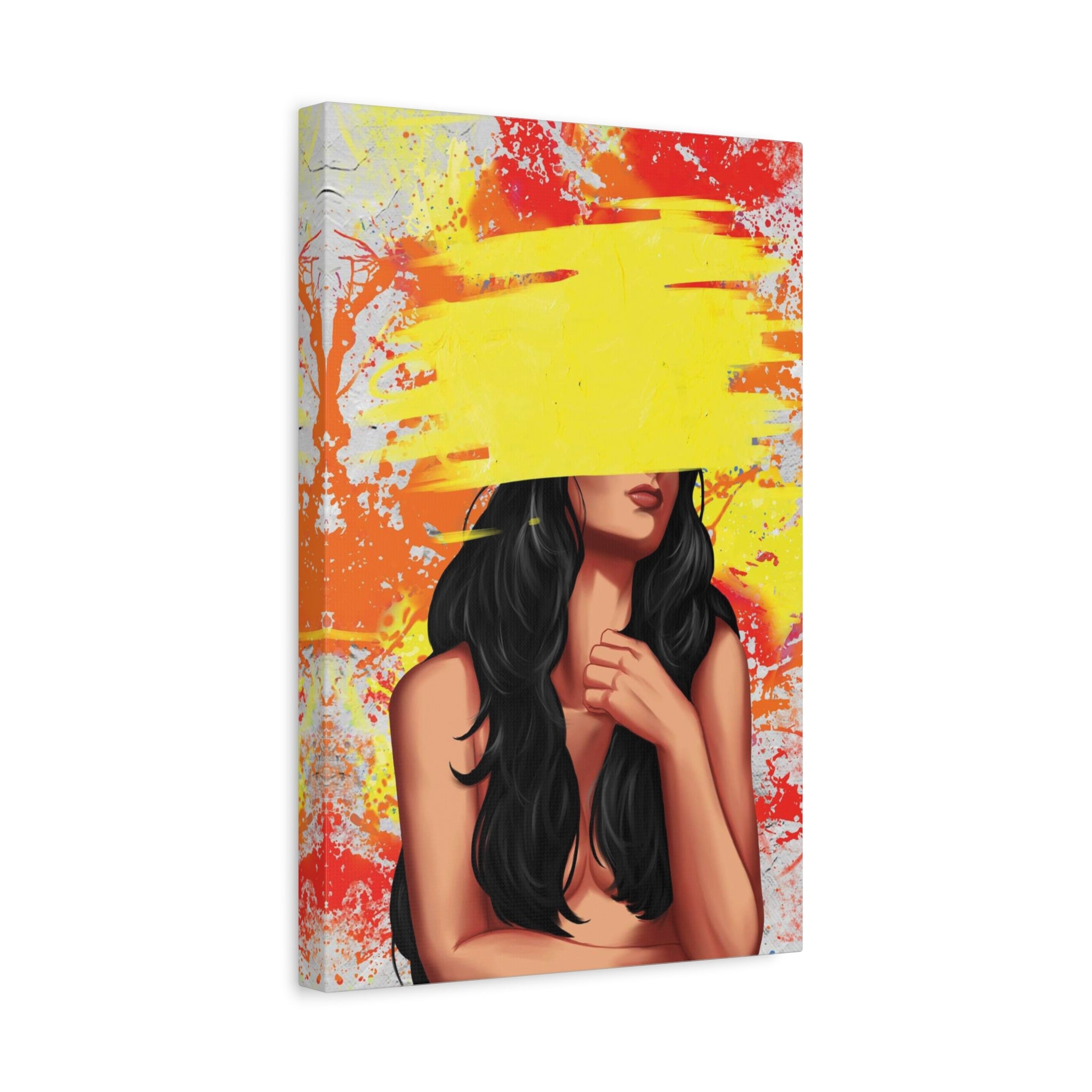 Abstract Femme Nude Canvas Art – Yellow Paint Stroke Portrait 