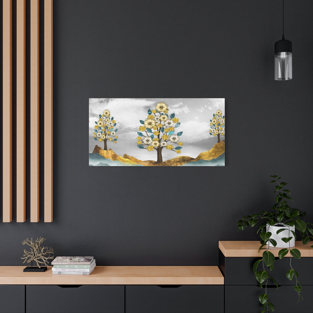 Floral Gold Tree Canvas Wall Art — Teal & Grey Stretched Matte Canvas - TheKaraHan