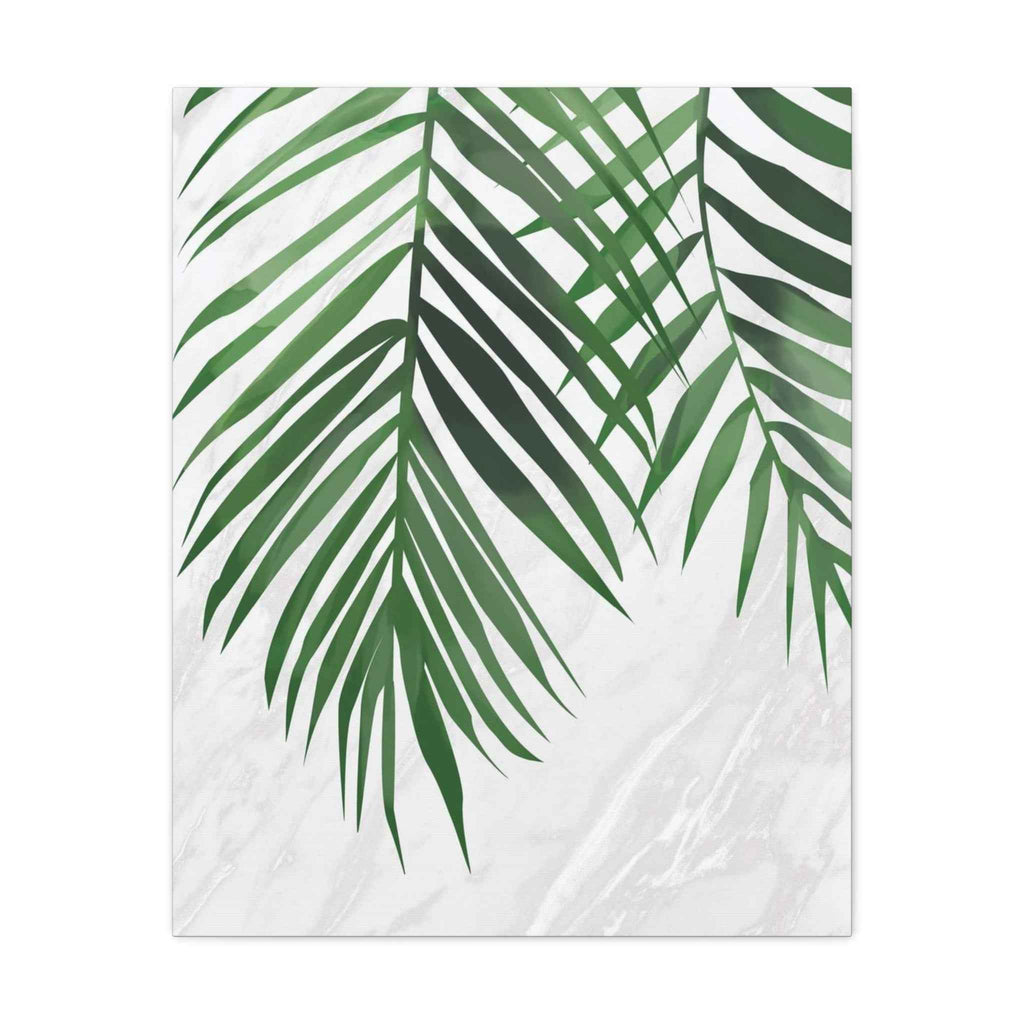 Tropical Palm Leaf Wall Art - Green Palm Fronds on Marble Matte Canvas - TheKaraHan