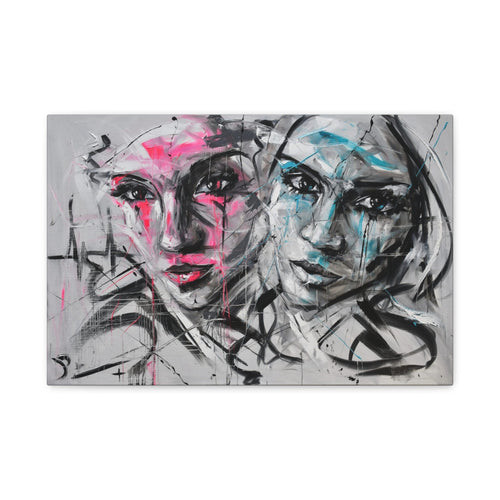 Abstract Face Canvas Art - Contemporary Pink & Teal Duo Faces Matte Canvas Print - TheKaraHan