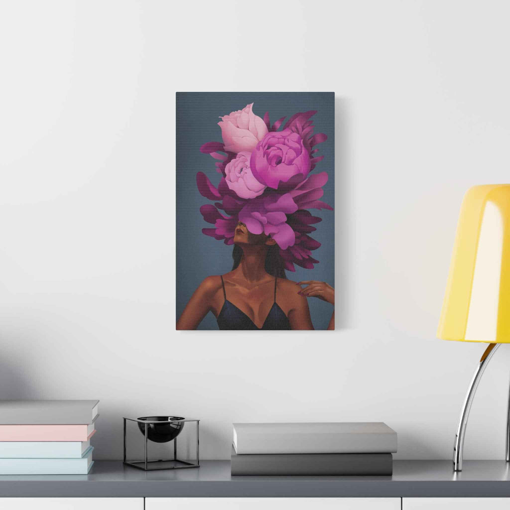 Floral Portrait Canvas Print — Woman with Oversized Pink Peony Hat (Matte Stretched) - TheKaraHan