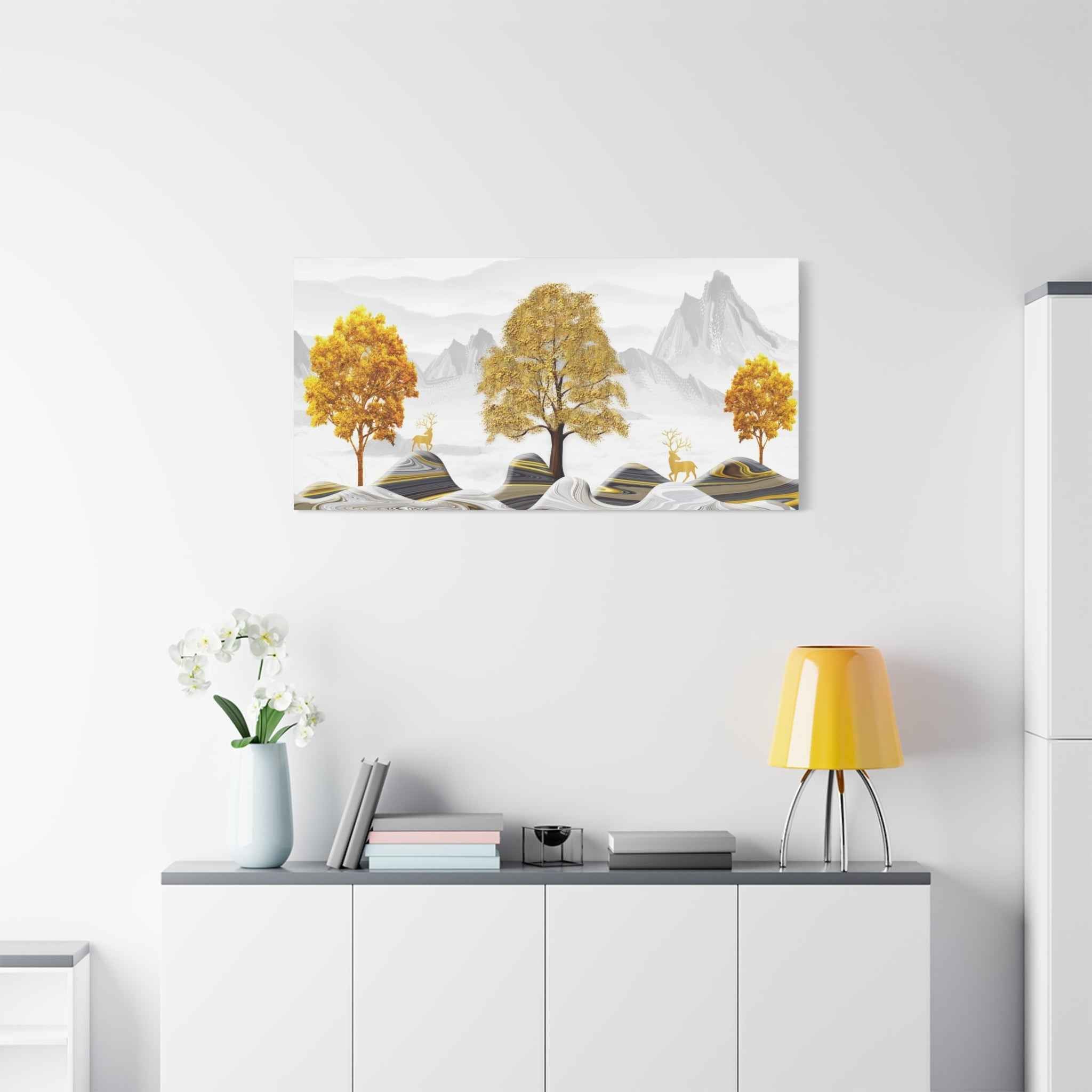 Golden Tree Landscape Canvas Wall Art – Minimalist Mountain Nature Print