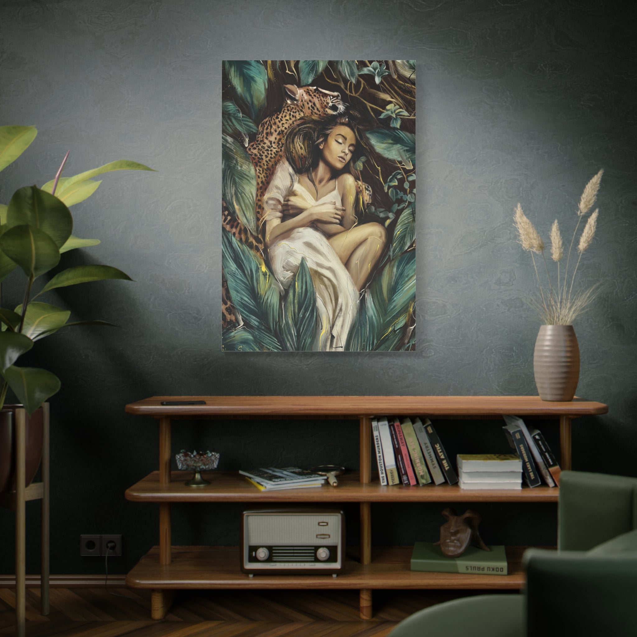 Jungle Dream Matte Canvas—a Woman with Leopard Art Print (Stretched) 