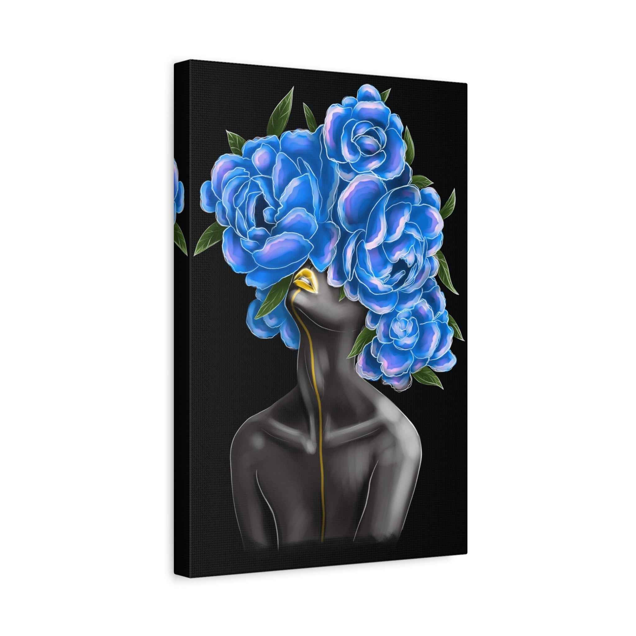 Blue Floral Woman Canvas Wall Art – Abstract Female Portrait,