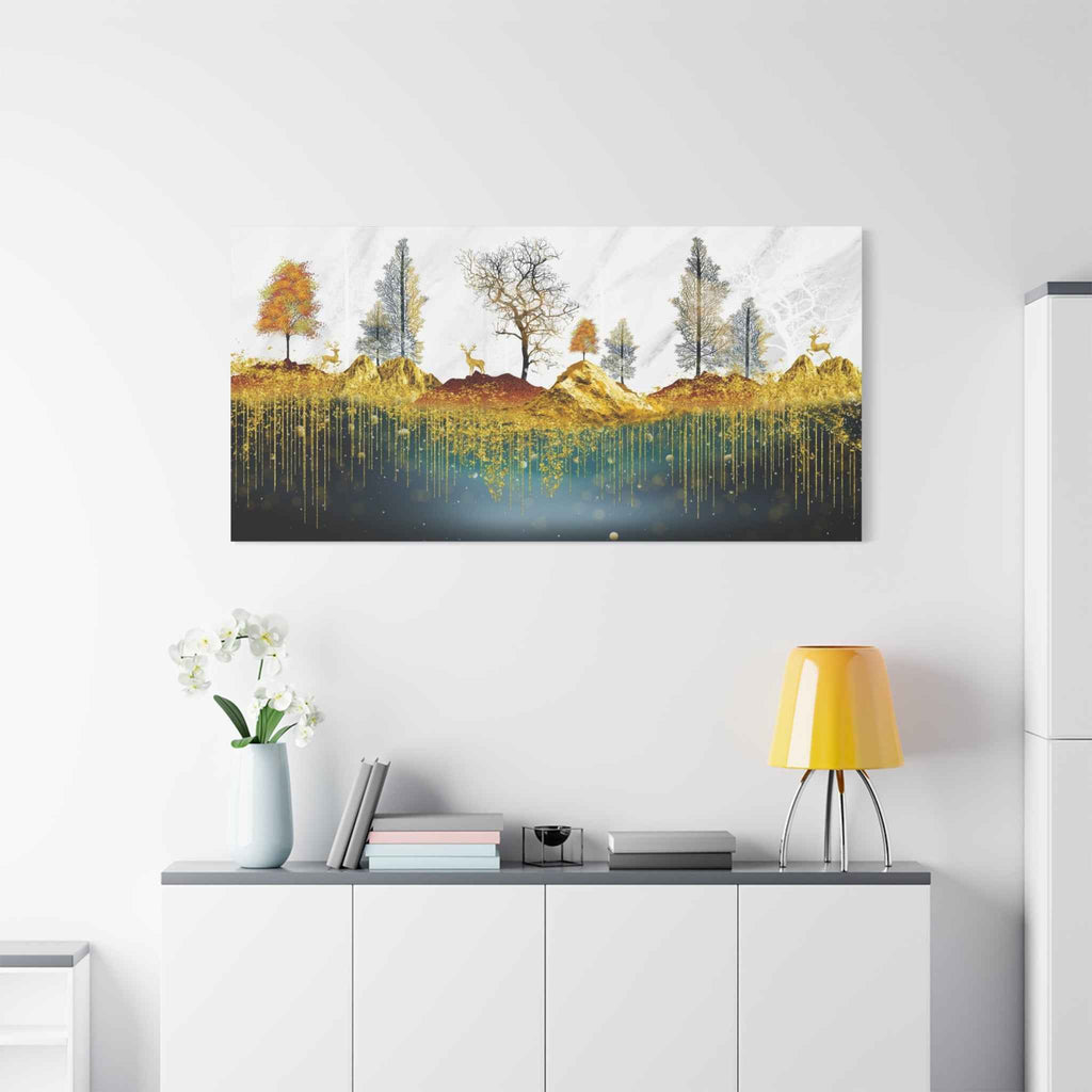 Golden Forest Landscape Deer Canvas Wall Art – Luxury Nature Decor