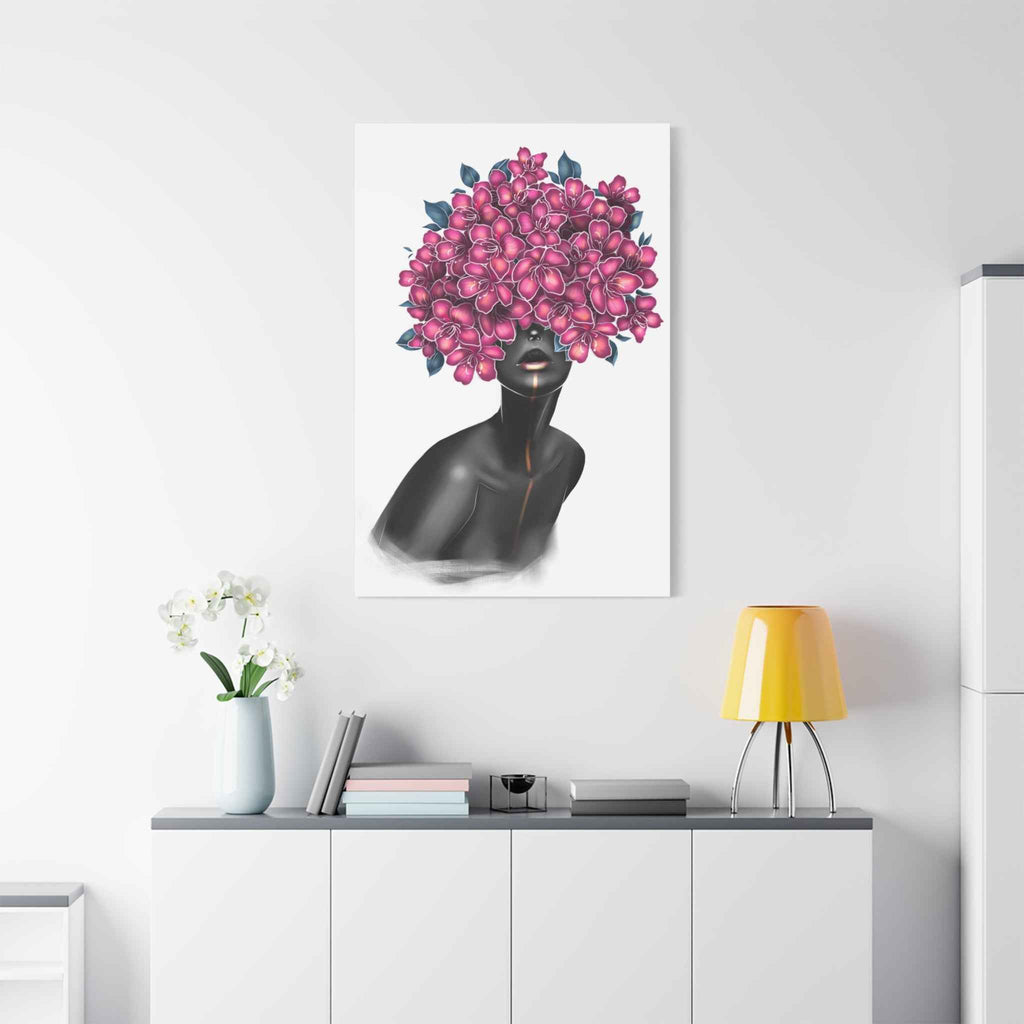 Pink Floral Woman Wall Art, Abstract Black Woman Portrait