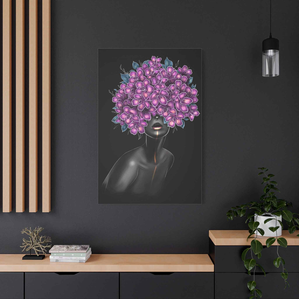 Purple Floral Woman Wall Art, Abstract Black Woman Portrait