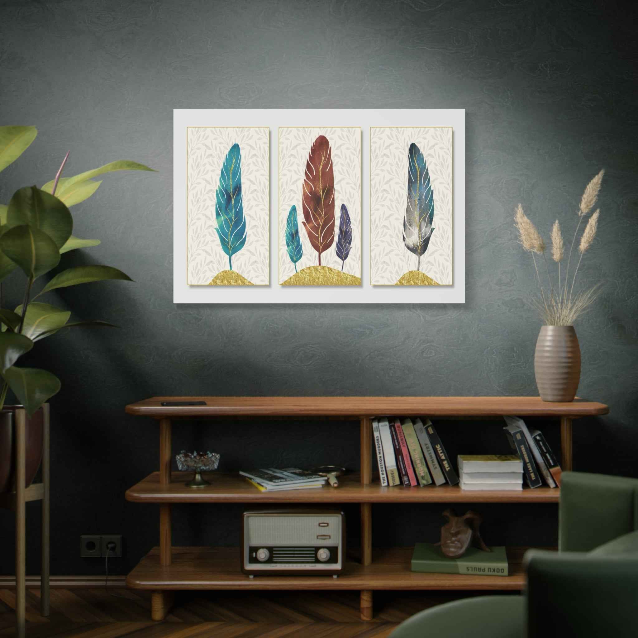 Boho Feather Triptych Canvas Wall Art – Bohemian Feather Wall Decor