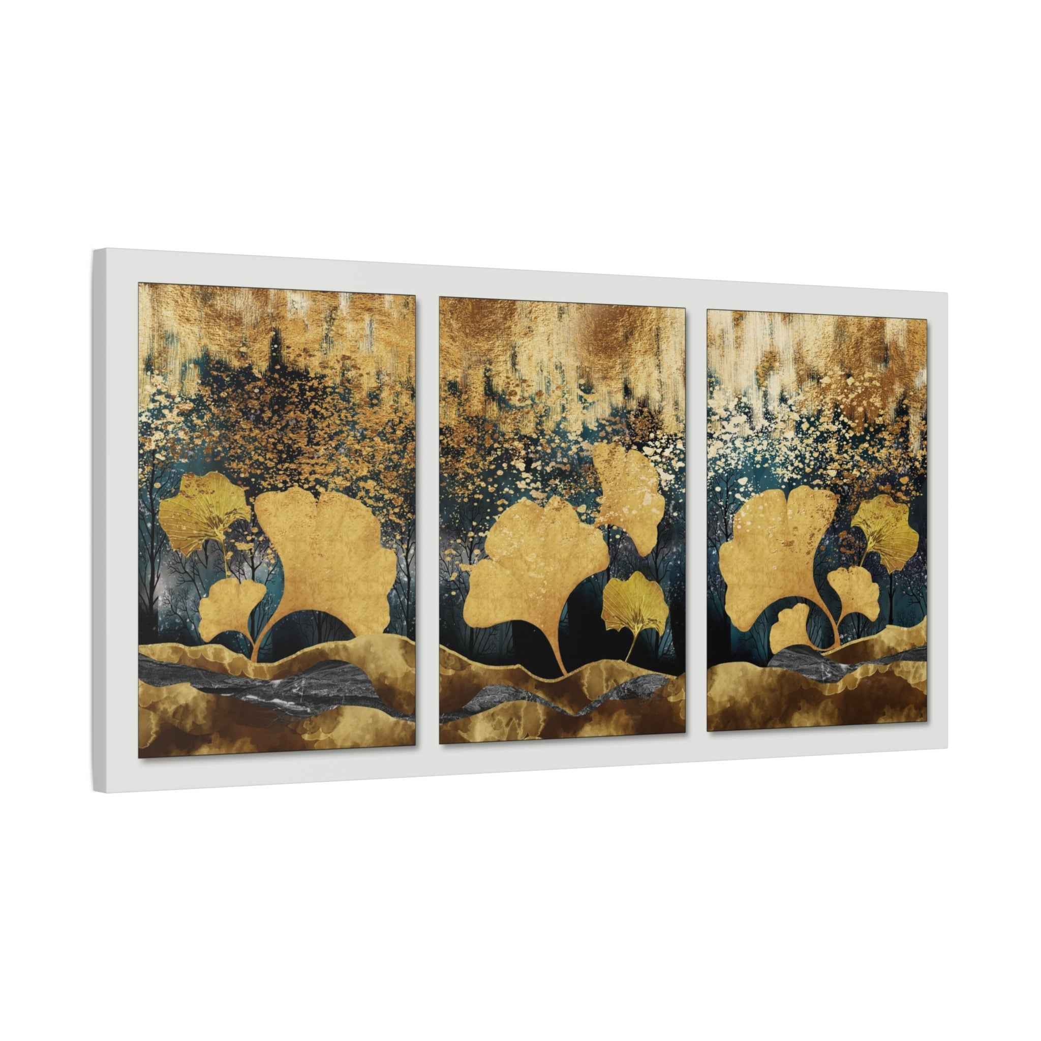 Golden Ginkgo Leaf Abstract Canvas Wall Art – Luxury Botanical Decor