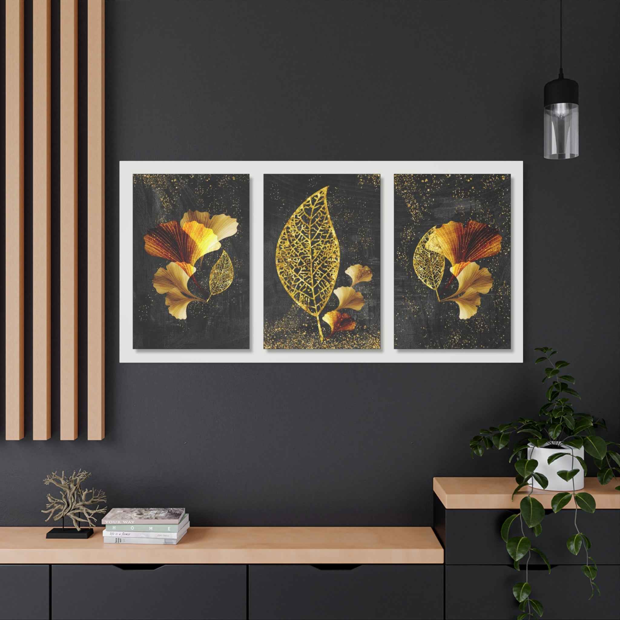 Gold Botanical Leaf Triptych Canvas Wall Art – Luxury Botanical Decor