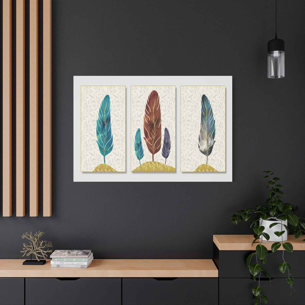 Boho Feather Triptych Canvas Wall Art – Bohemian Feather Wall Decor