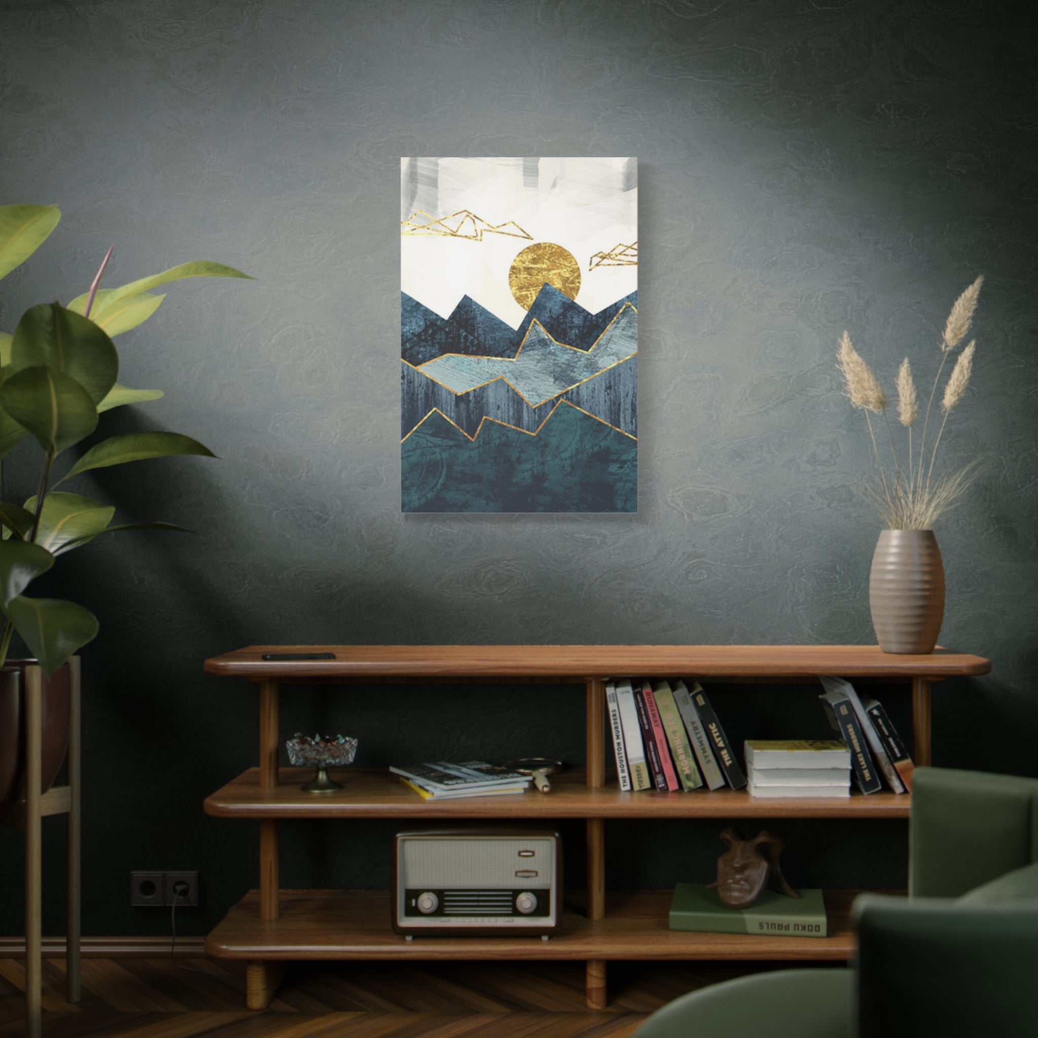 Abstract Mountain Canvas Print – Gold Sun Geometric Wall Art (Matte Stretched) 