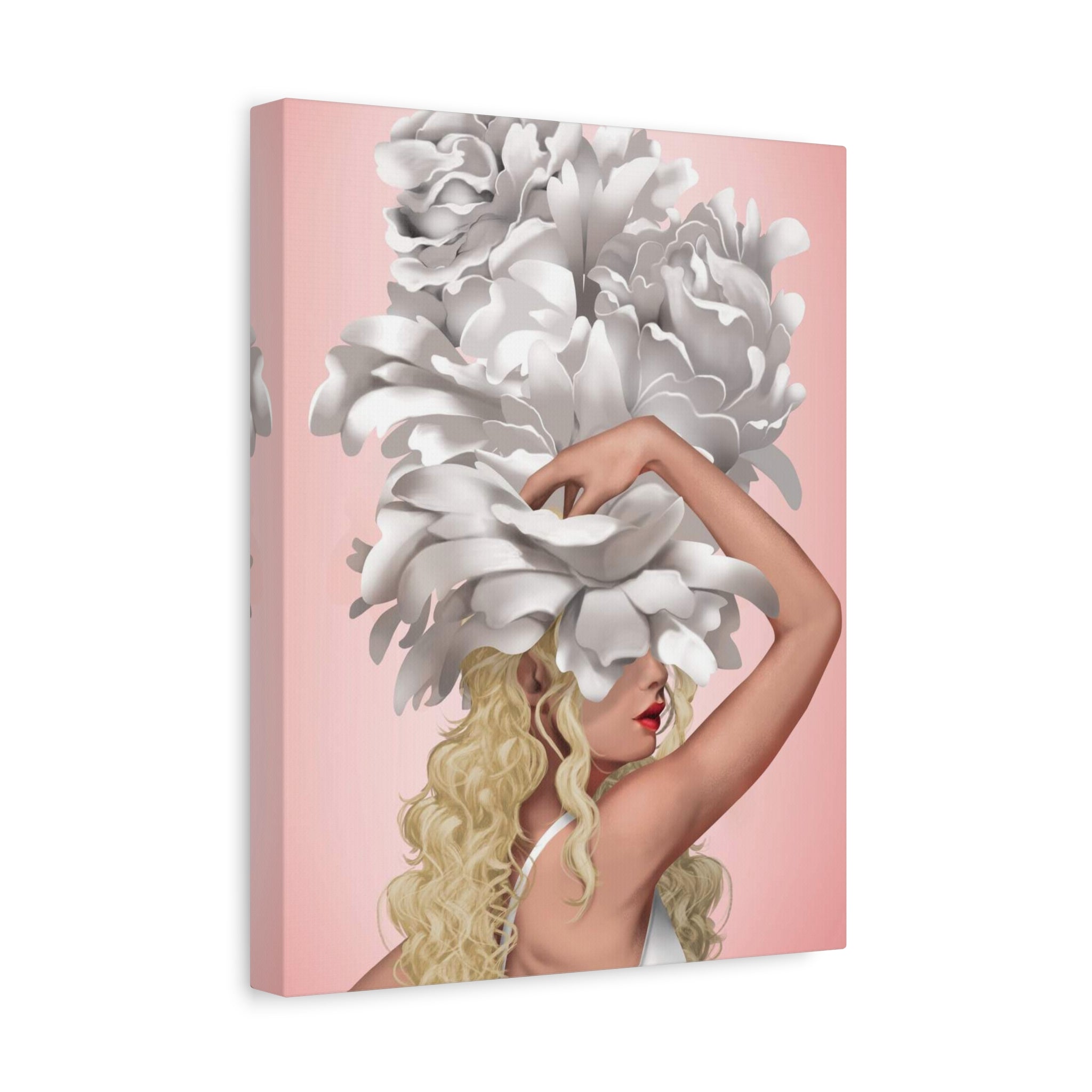 Blushing Muse Floral Canvas Print — Woman with Oversized White Peony Hat 