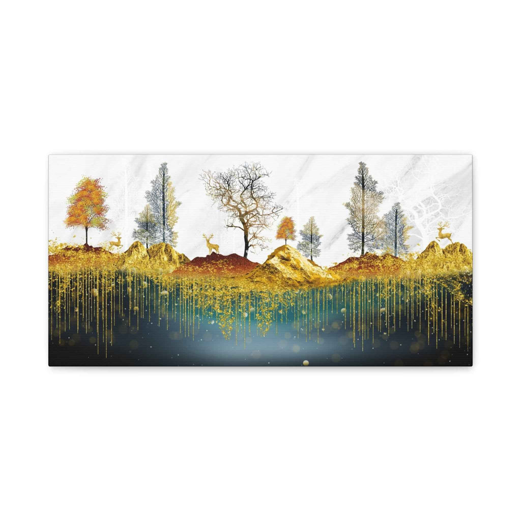 Golden Forest Landscape Deer Canvas Wall Art – Luxury Nature Decor