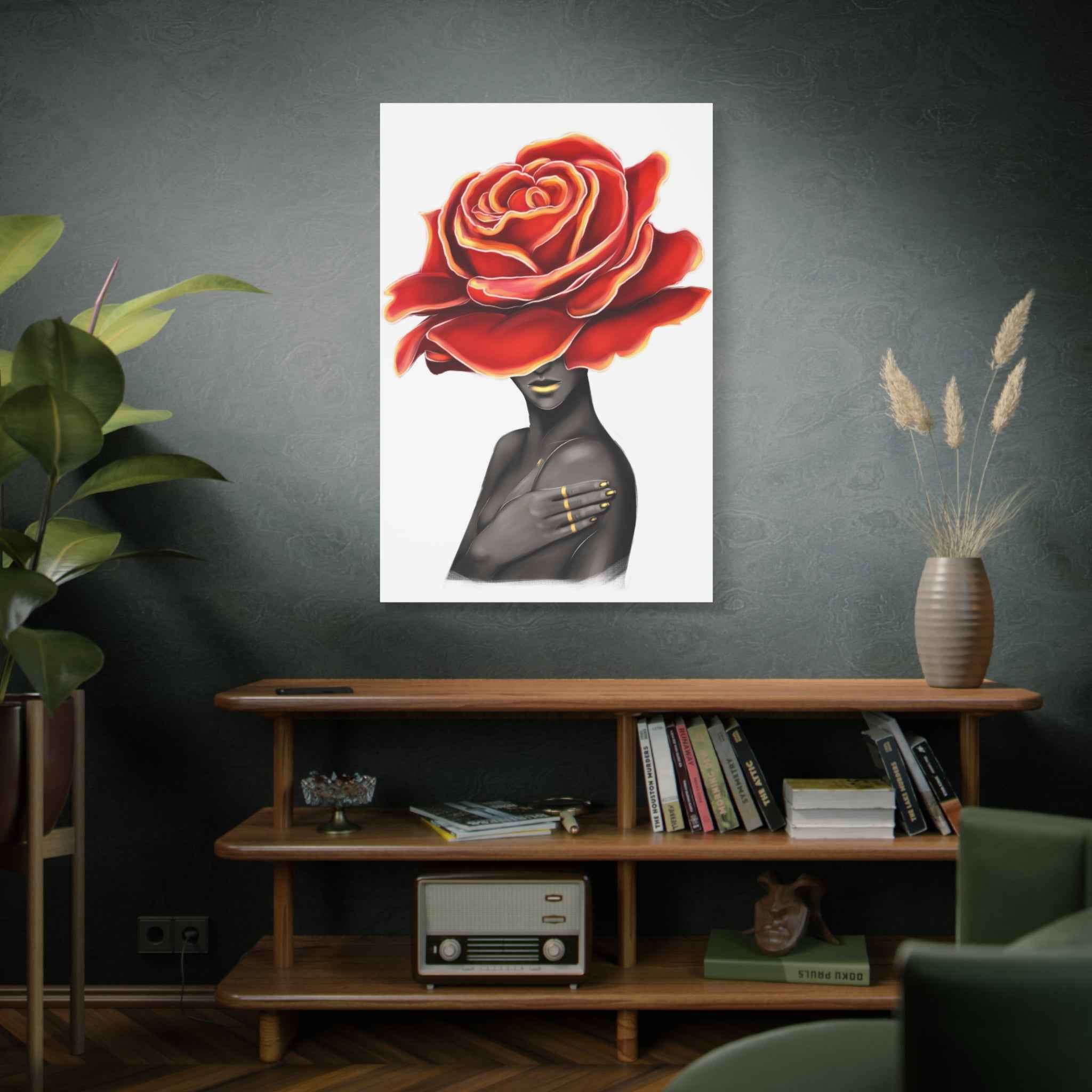 Red Rose Floral Bust Wall Art Canvas – Luxury Abstract Flower Portrait Print