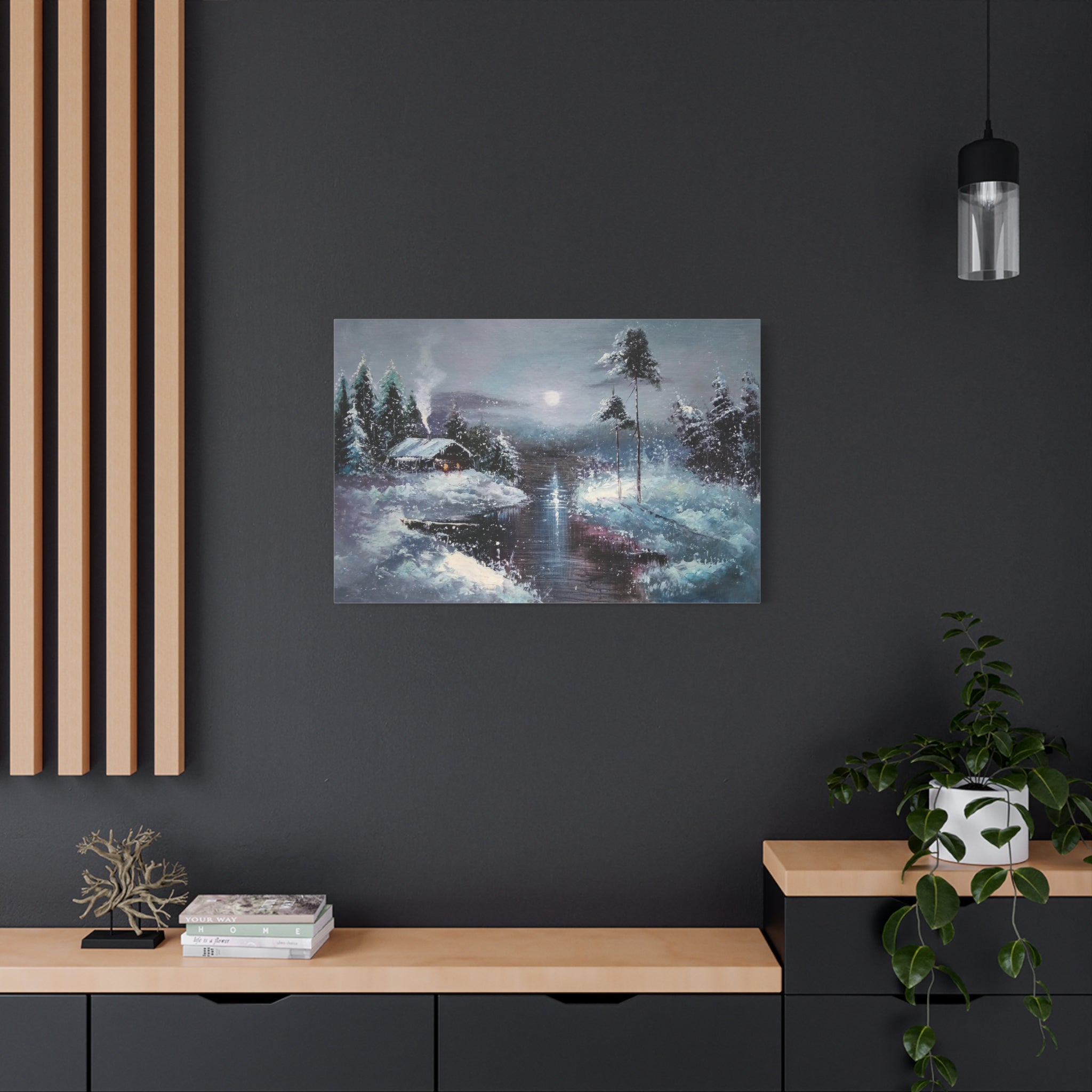 Winter Moonlit Lake Canvas Wall Art — Cozy Snowy Cabin Landscape 