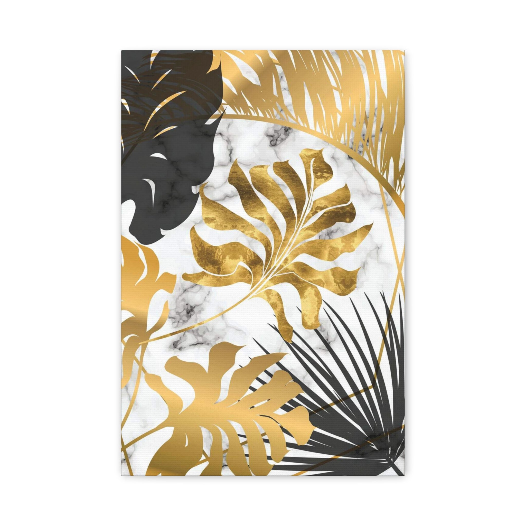 Gold & Black Tropical Leaves Canvas Wall Art — Modern Marble Botanical Print 