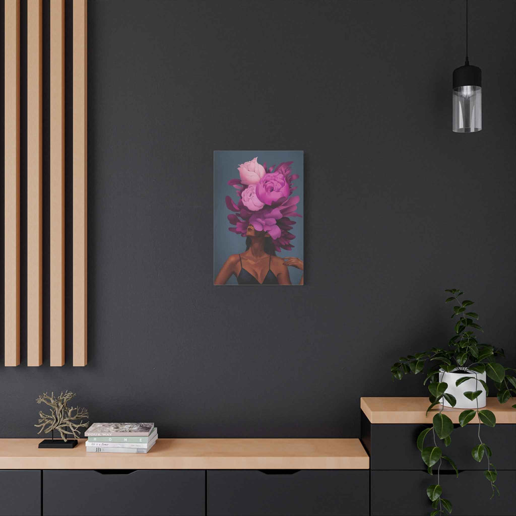 Floral Portrait Canvas Print — Woman with Oversized Pink Peony Hat (Matte Stretched) - TheKaraHan