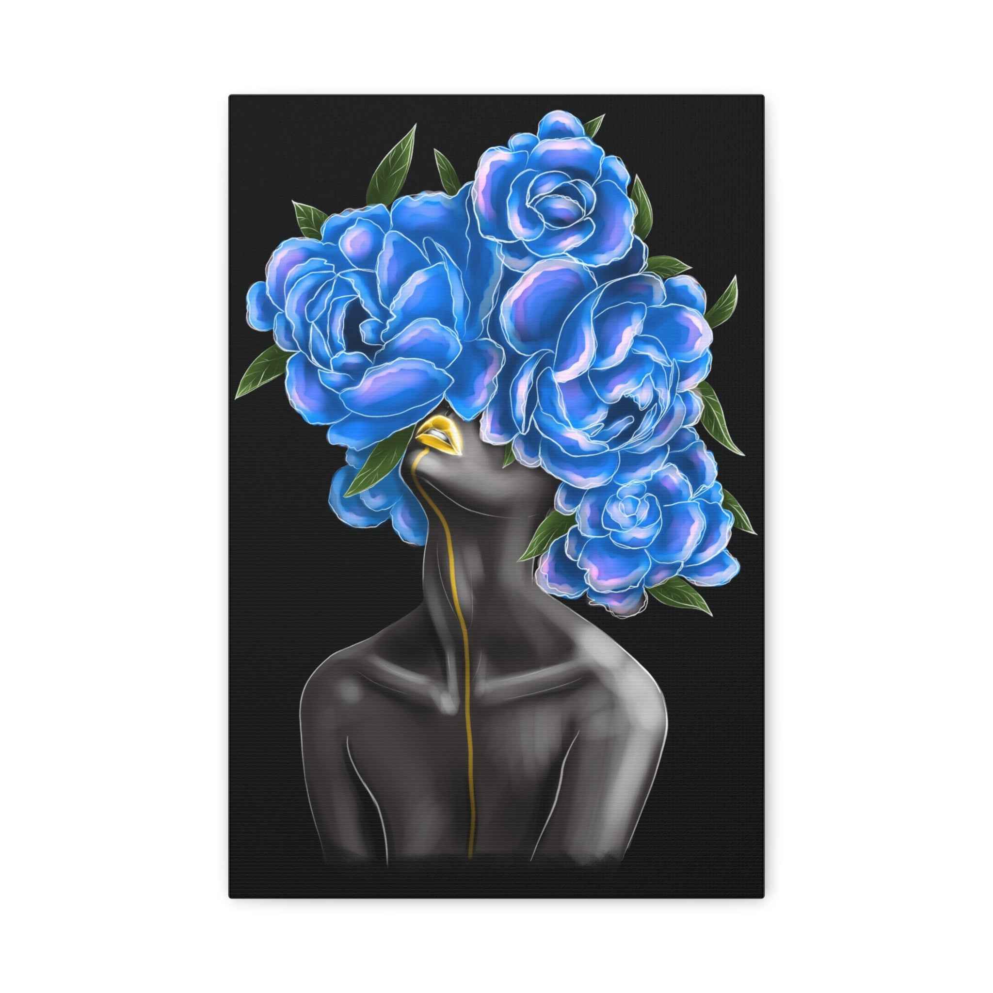 Blue Floral Woman Canvas Wall Art – Abstract Female Portrait,