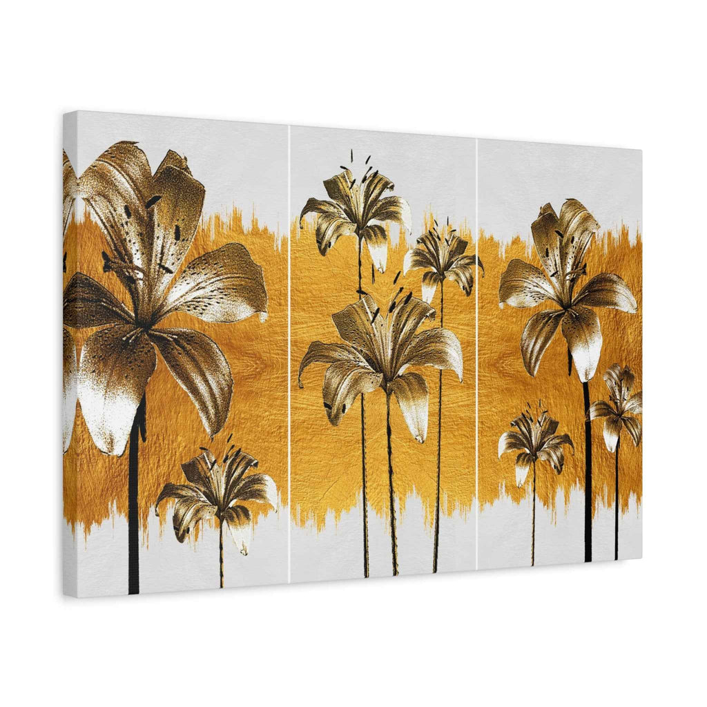 Golden Lily Flower Wall Art - Triptych Canvas Botanical Floral Decor