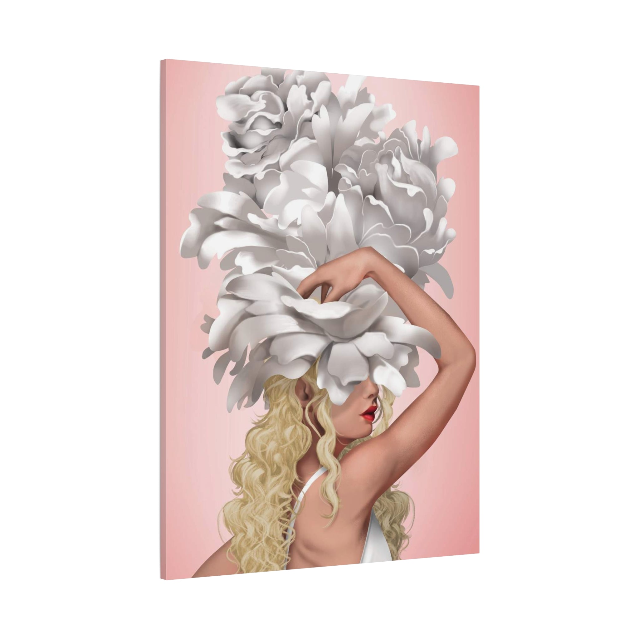 Blushing Muse Floral Canvas Print — Woman with Oversized White Peony Hat 