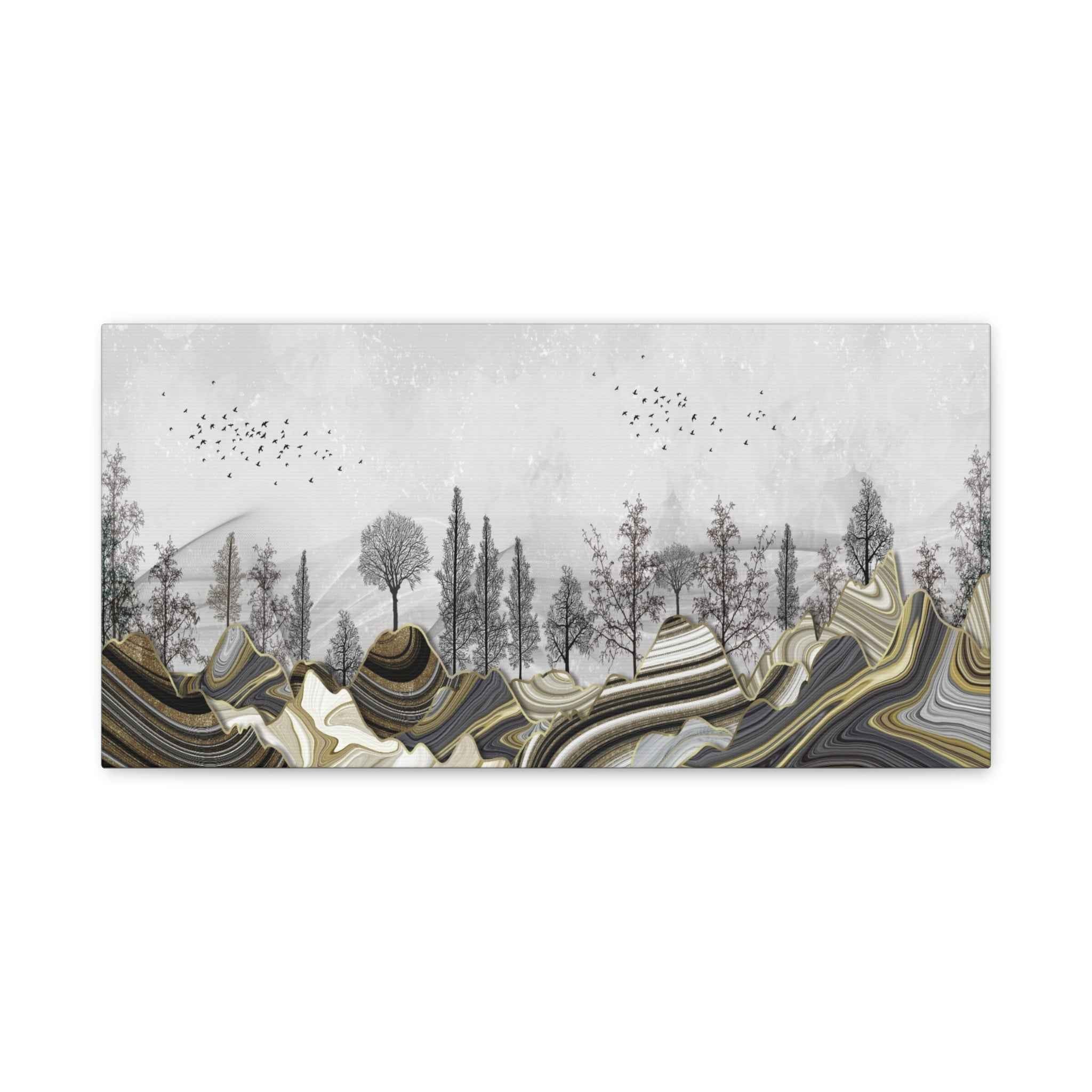 Abstract Gold Landscape Wall Art Canvas – Modern Mountain & Forest Luxury Artwork