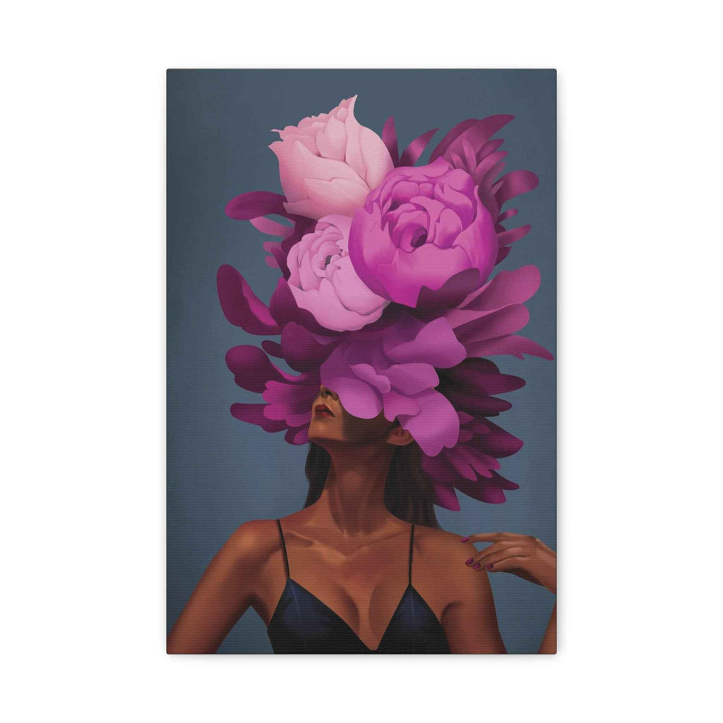 Floral Portrait Canvas Print — Woman with Oversized Pink Peony Hat (Matte Stretched) - TheKaraHan