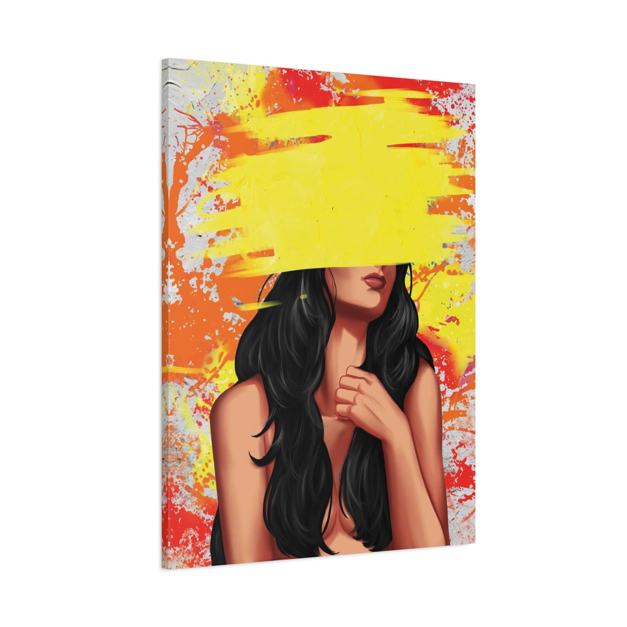 Abstract Femme Nude Canvas Art – Yellow Paint Stroke Portrait 